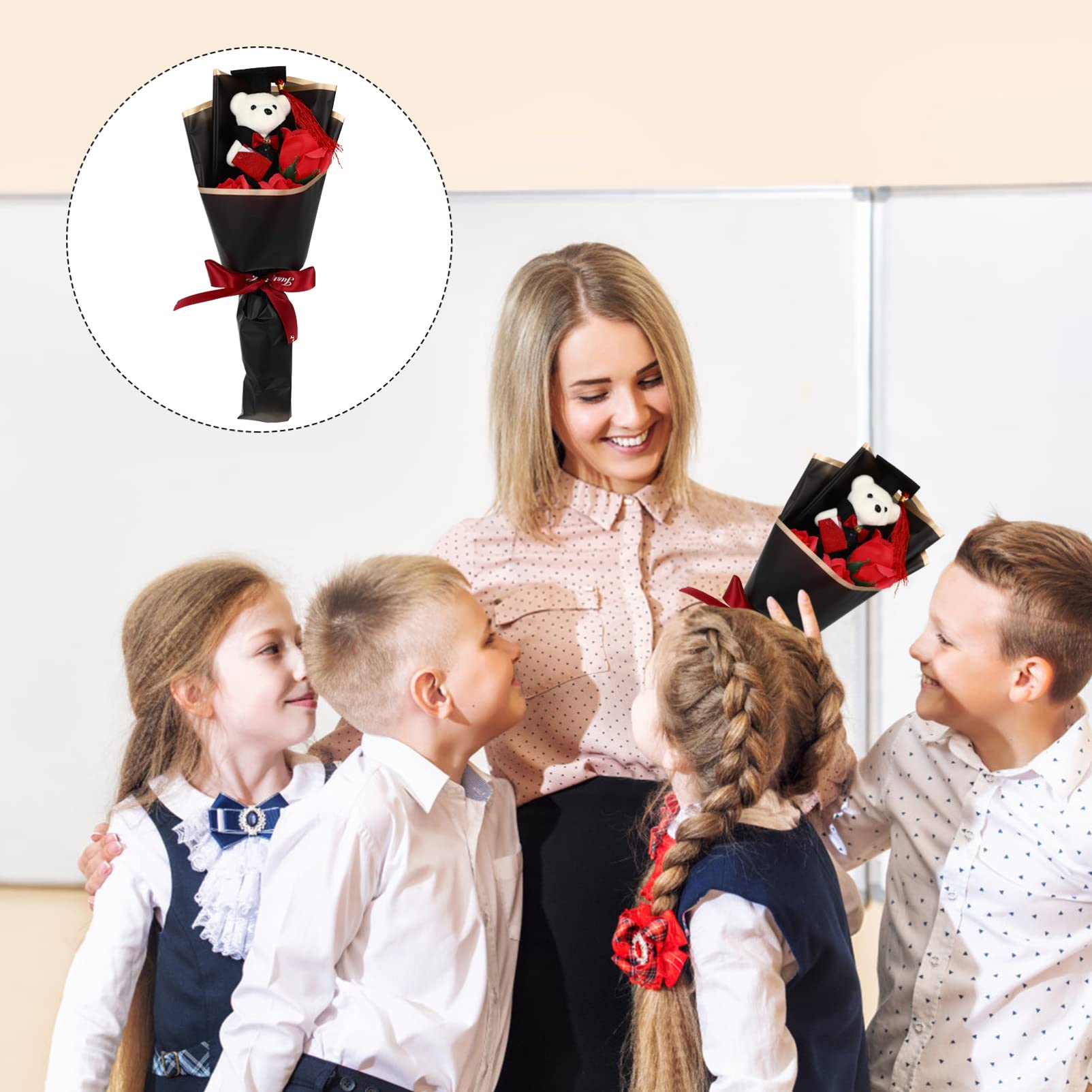 Alipis Graduation Bear Bouquet - Mini Plush Teddy Bear with Artificial Roses, Floral Arrangement for Graduation Gifts (Red) - Perfect for Graduation Ceremonies, Parties, and Decorations