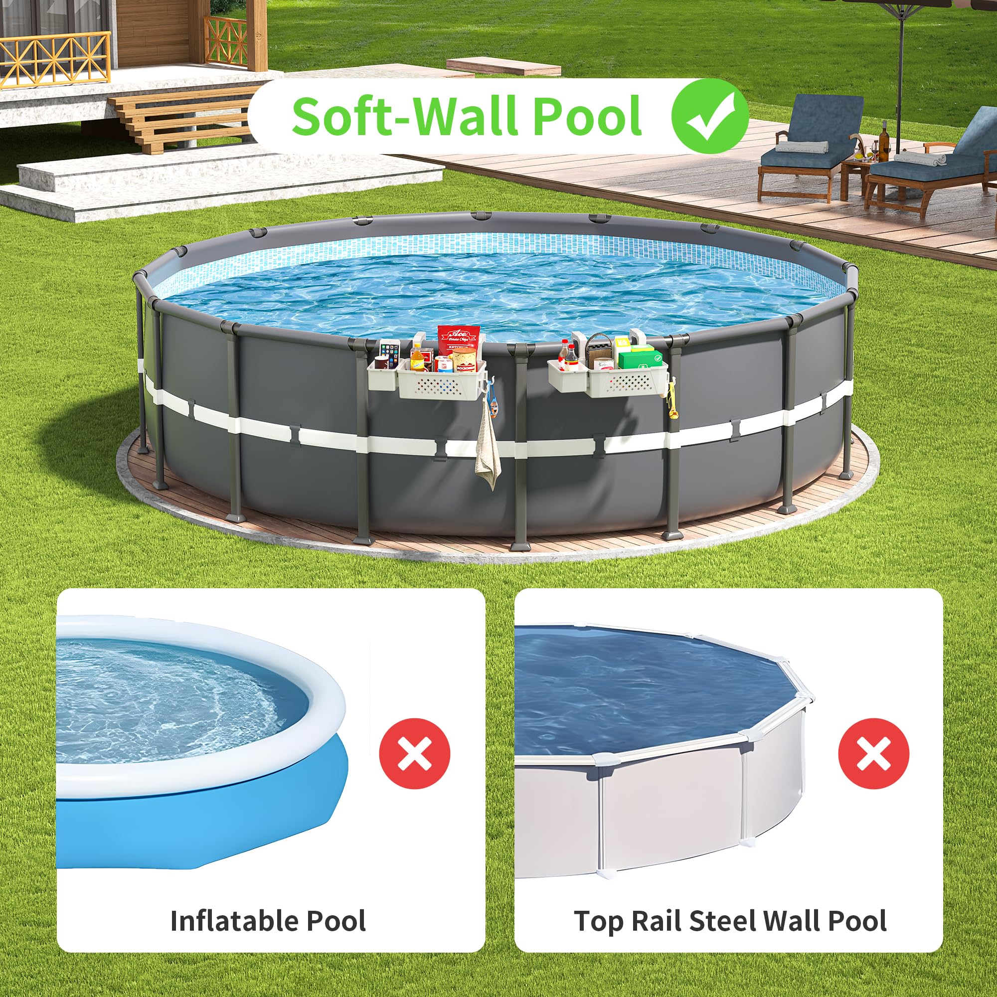 2 Sets of Poolside Storage Baskets with Cup Holders - Fits 3-Inch or Smaller Top Rails - Durable Grey Above Ground Pool Accessories - Perfect for Drinks, Towels & Pool Toys Storage