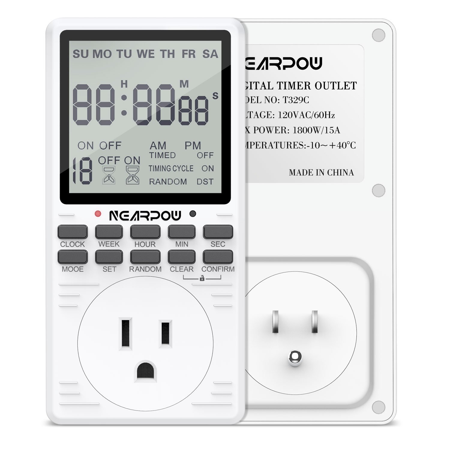 Nearpow 7-Day Programmable Timer Outlet - 15A/1800W Heavy Duty Digital Timer Switch with 19 Settings & Infinite Cycle Options for Lights, Appliances & Holiday Decorations - Perfect for Home Automation, Energy Savings & Vacation Security