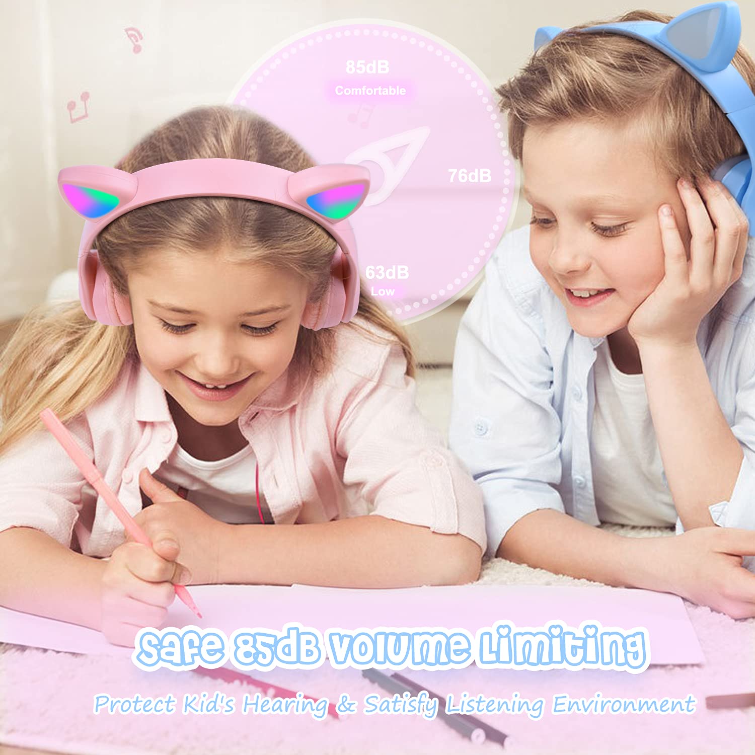 Wireless Cat Ear Headphones for Kids with LED Lights - Pink Foldable Over-Ear Headset with 3.5mm Jack & TF Card Support (3-in-1) - Perfect for School, iPad, Tablet, Travel & Home Use
