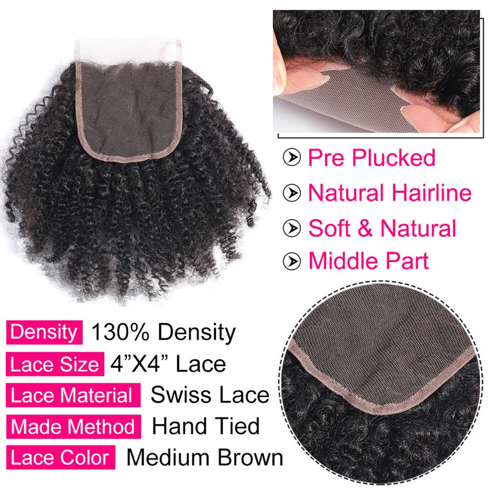 100% Unprocessed Mongolian Afro Kinky Curly Human Hair Bundles with Closure for Black Women - 3 Bundles 4B 4C Virgin Hair Weave (12