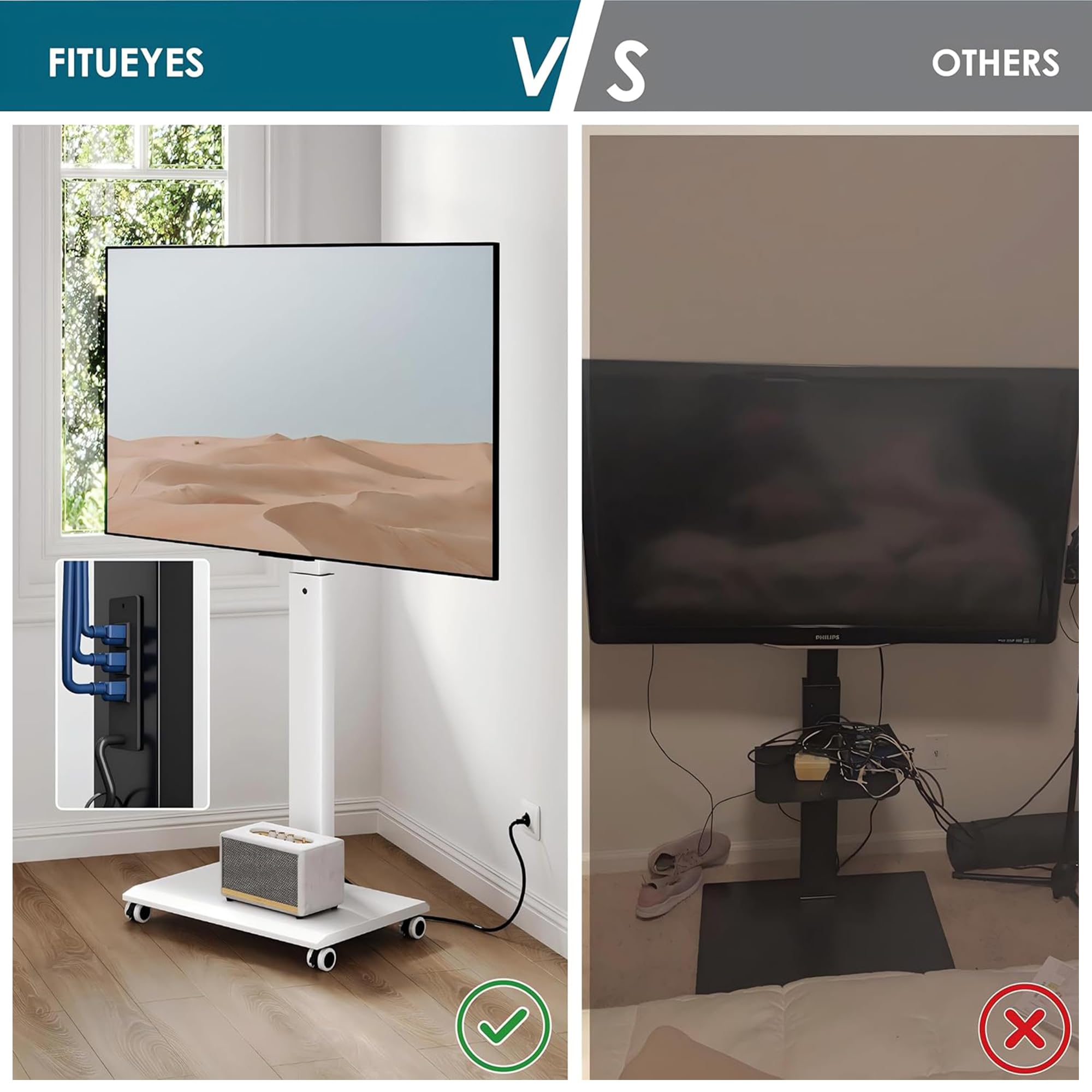 FITUEYES Rolling TV Stand with Built-in Power Outlet - Adjustable Mobile TV Cart for 32-75 Inch Screens (Max VESA 400x600mm, 88 Lbs Capacity) - Swivel ±20°, Rotate Landscape to Portrait, Height Adjustable - Perfect for Living Rooms, Bedrooms, Offices & Home Theaters