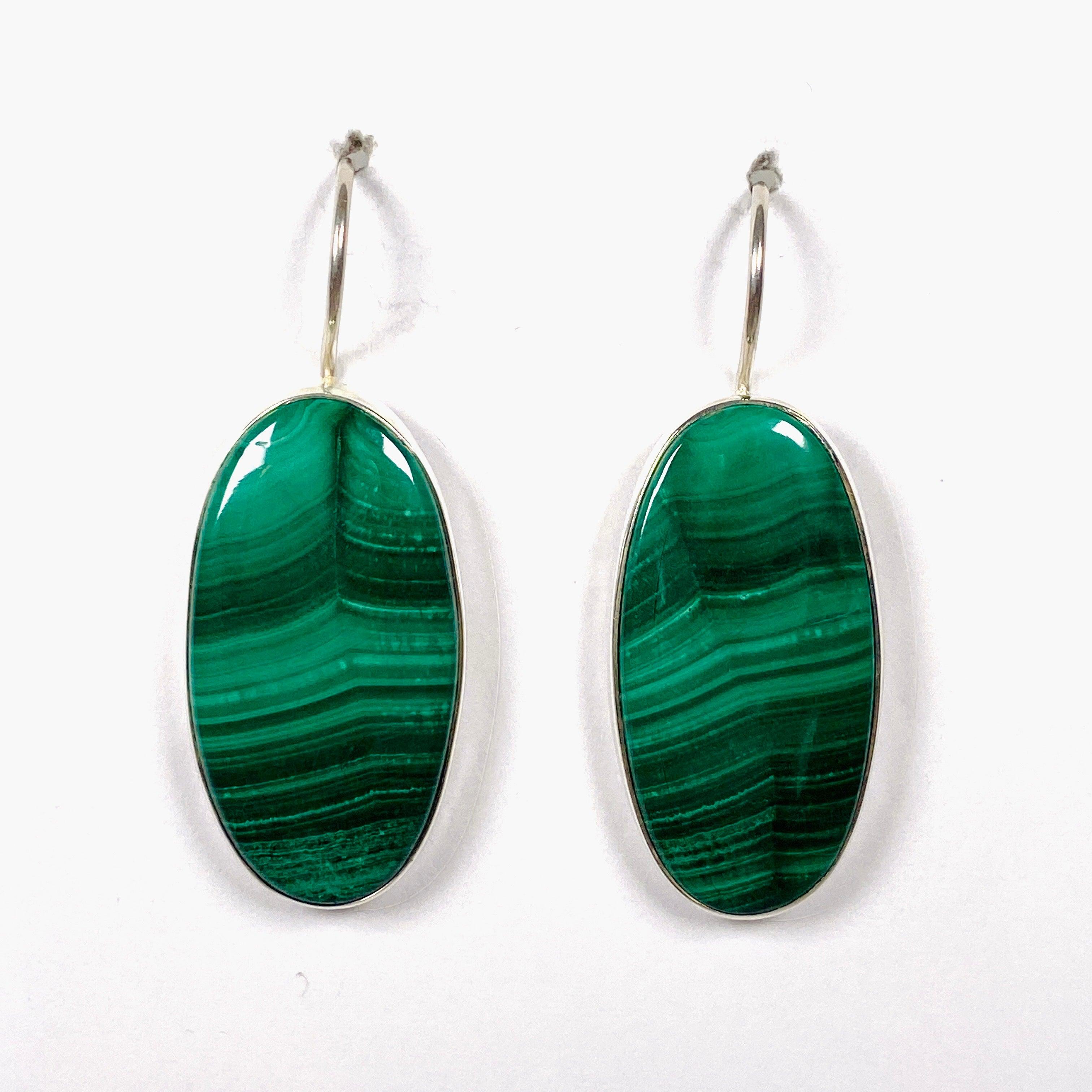 Natural Malachite Oval Fixed Hook Earrings KEGJ1341 – Elegant Green Gemstone Jewelry for Women, Perfect for Parties, Weddings & Special Occasions