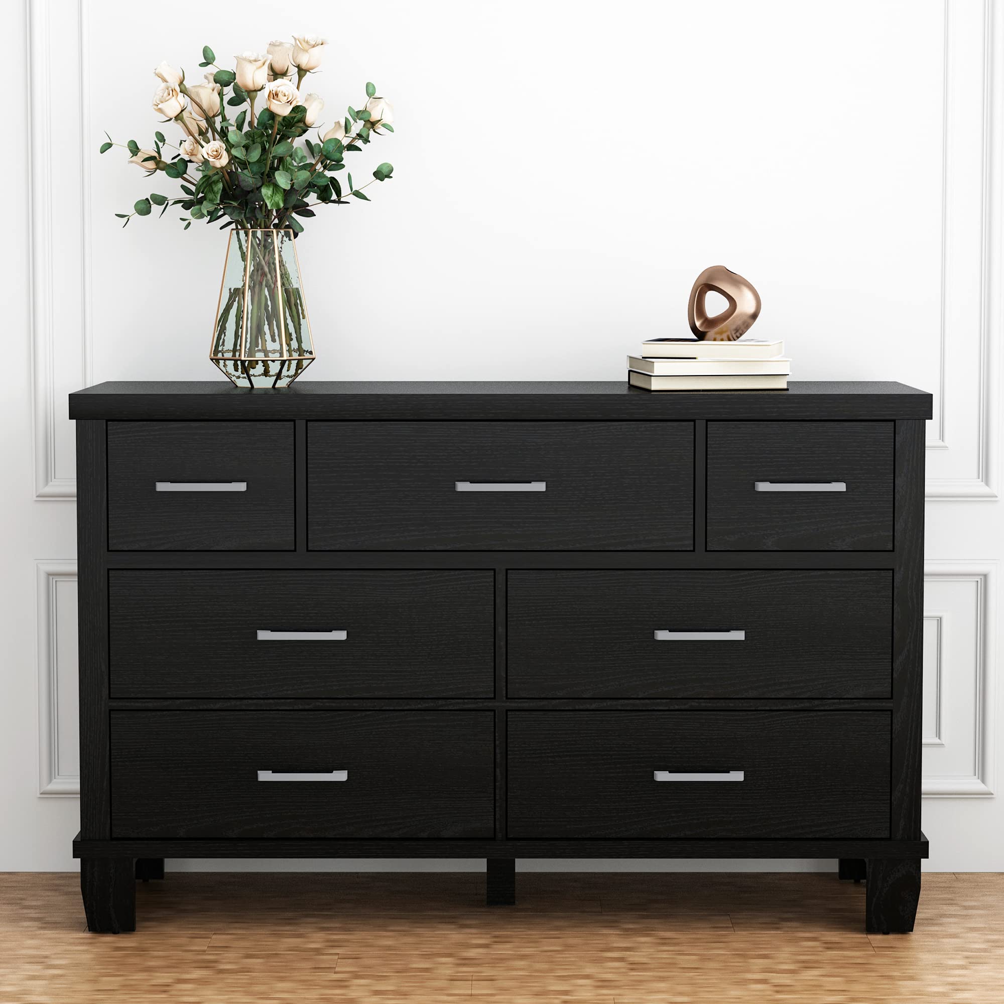 Vintage 7-Drawer Wood Dresser for Bedroom - Solid Wood Chest of Drawers for Closet, Living Room, Hallway, Nursery & Kids Room (Black) | Perfect for Home Organization & Storage Solutions