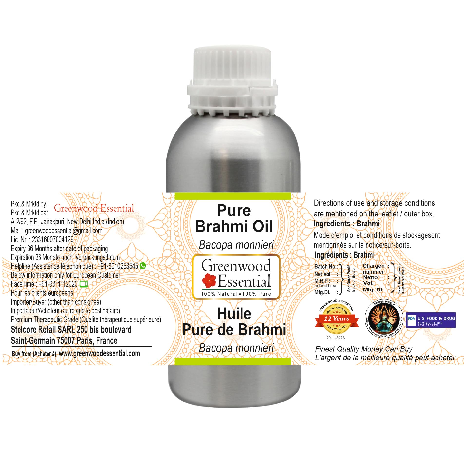 Pure Brahmi Oil (Bacopa Monnieri) - 100% Natural Therapeutic Grade Hair & Scalp Treatment - 42oz (1250ml) for Stress Relief, Memory Enhancement & Ayurvedic Wellness - Perfect for Massage, Aromatherapy & Daily Hair Care