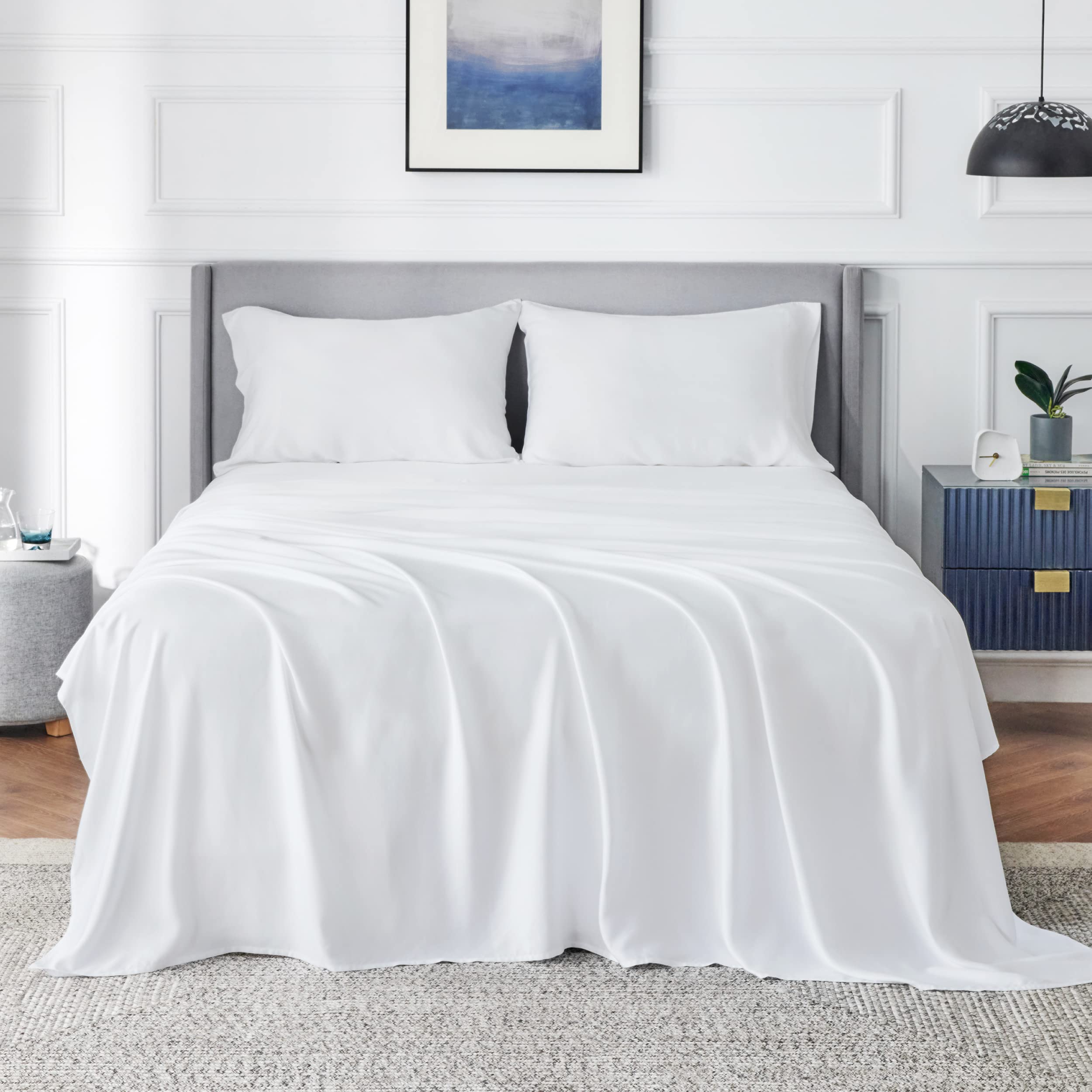 Bedsure 100% Tencel Lyocell Cooling Bed Sheets Set - Silky Soft Breathable Eucalyptus Sheets with Deep Pocket, Luxury Hotel Quality Bedding 4 Piece Set (White, King Size) for Hot Sleepers & All-Season Comfort