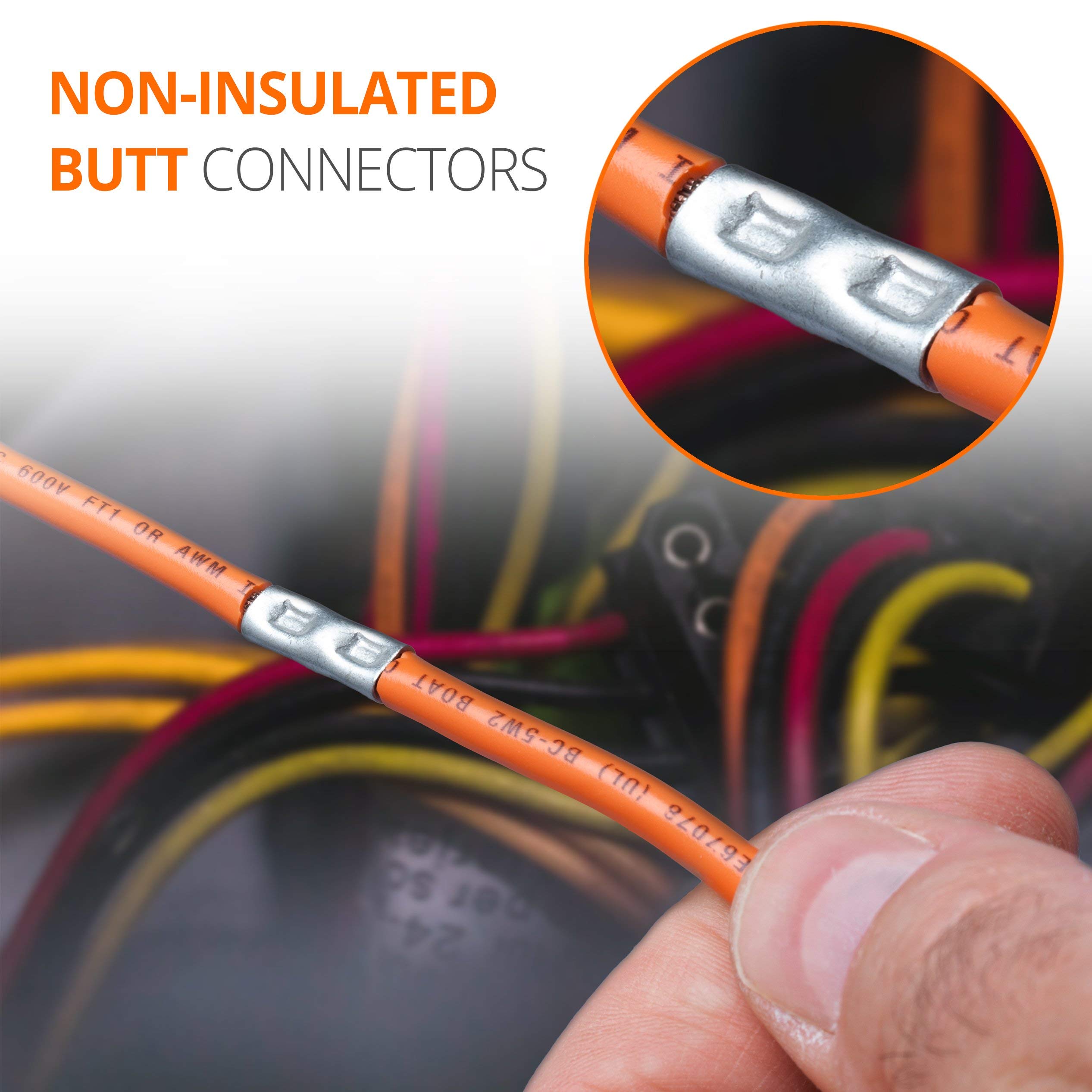 Wirefy 200 PCS Non-Insulated Butt Connectors Kit - 24-8 AWG Crimp Wire Connectors for Automotive, Marine & Electrical Wiring - High Conductivity Copper Splice Connectors for Secure Wire Joining