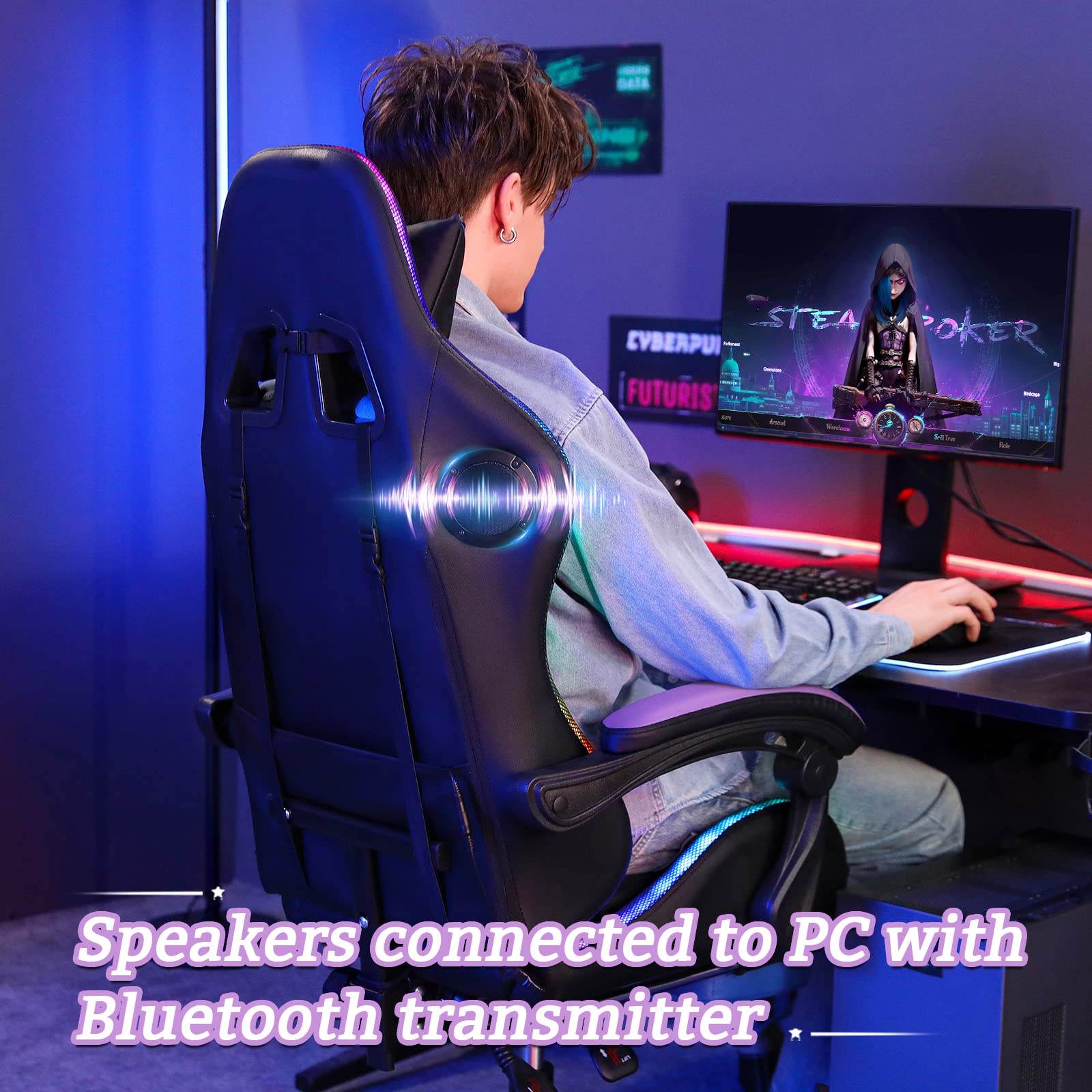 Ergonomic Massage Gaming Chair with Bluetooth Speakers & RGB LED Lights - High Back Computer Chair with Lumbar Support, Footrest - Purple & Black for PC Gaming, Home Office & Entertainment