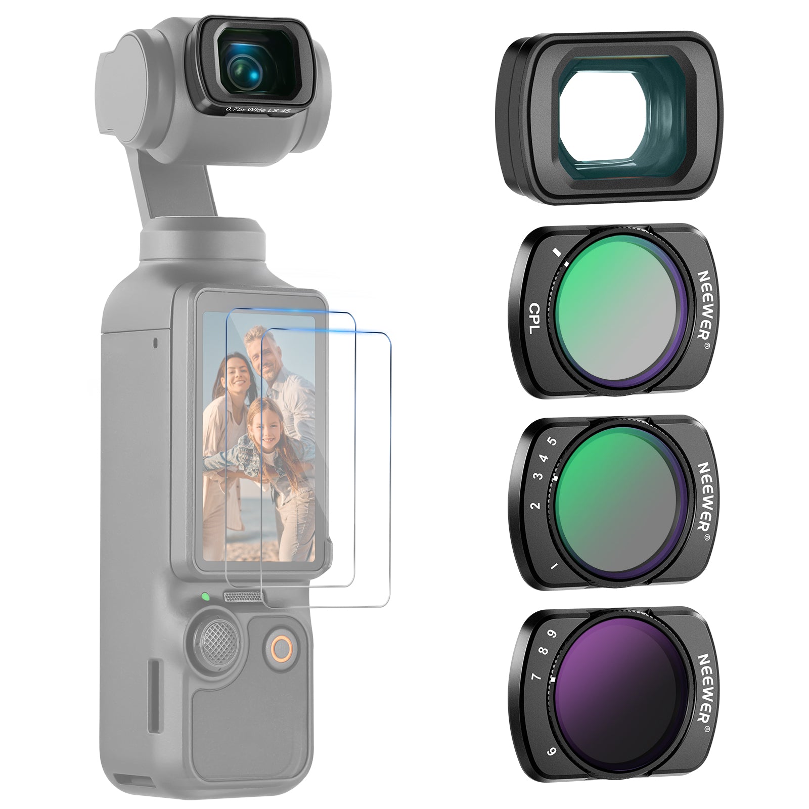 NEEWER FL B15 Variable ND Filter Set (2-5 Stops) with 0.75X Wide Angle Lens - Compatible with DJI Osmo Pocket 3 - Perfect for Vlogging, Travel & Outdoor Photography - Reduce Glare & Enhance Image Quality