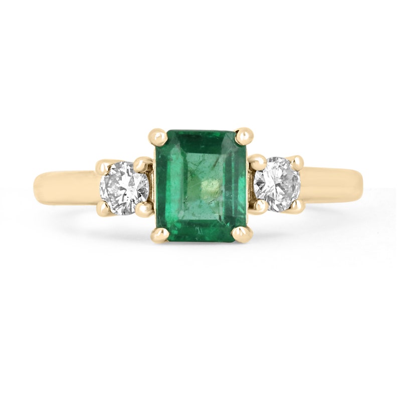 1.25tcw 14K Gold Emerald and Diamond Three Stone Engagement Ring - Elegant Transparent Design for Wedding, Proposal & Anniversary Gifts