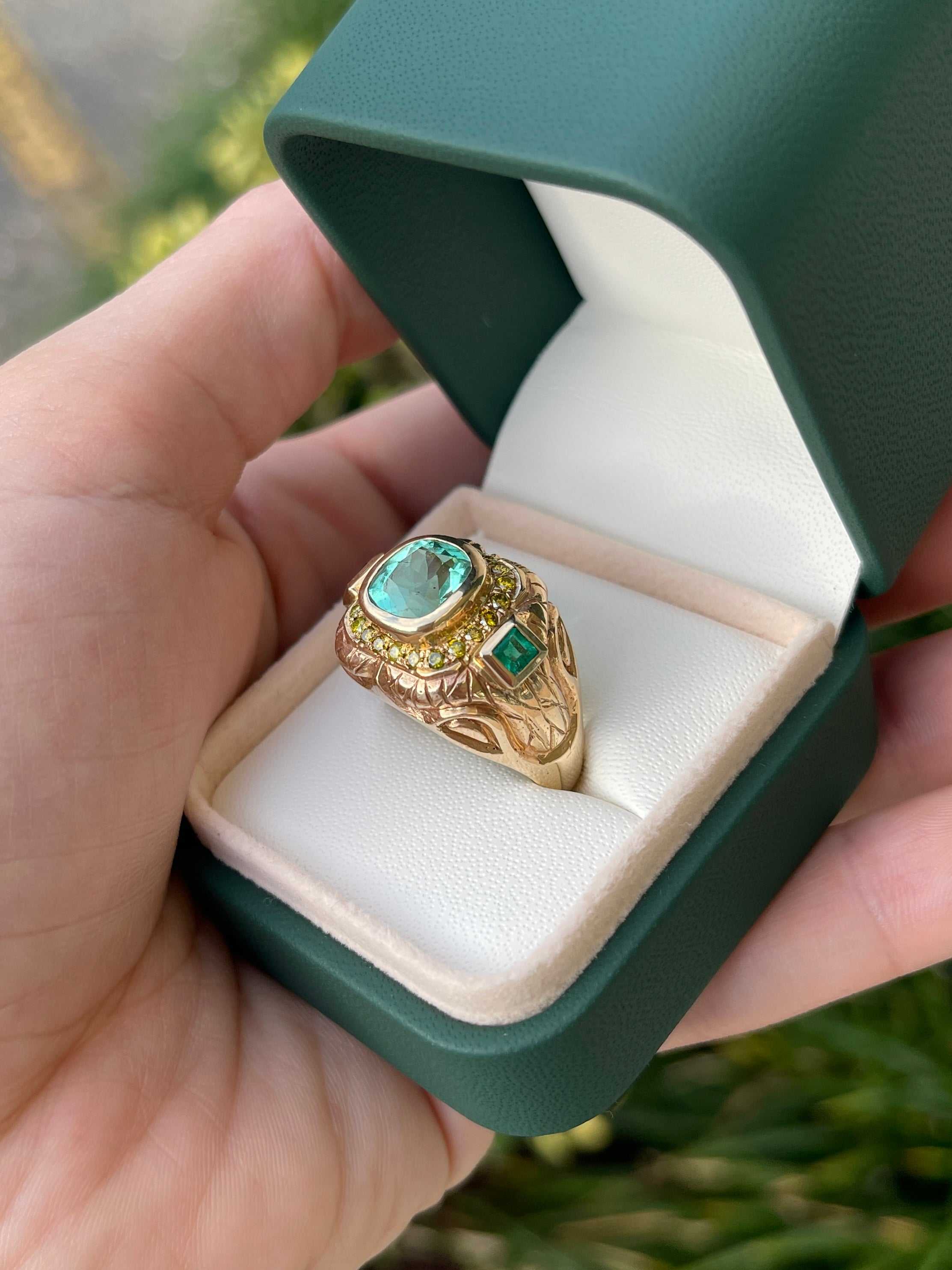 4.18tcw 14K Gold Colombian Emerald Cushion Cut & Princess Cut Yellow Diamond Accent Men's Ring for Wedding, Engagement & Special Occasions