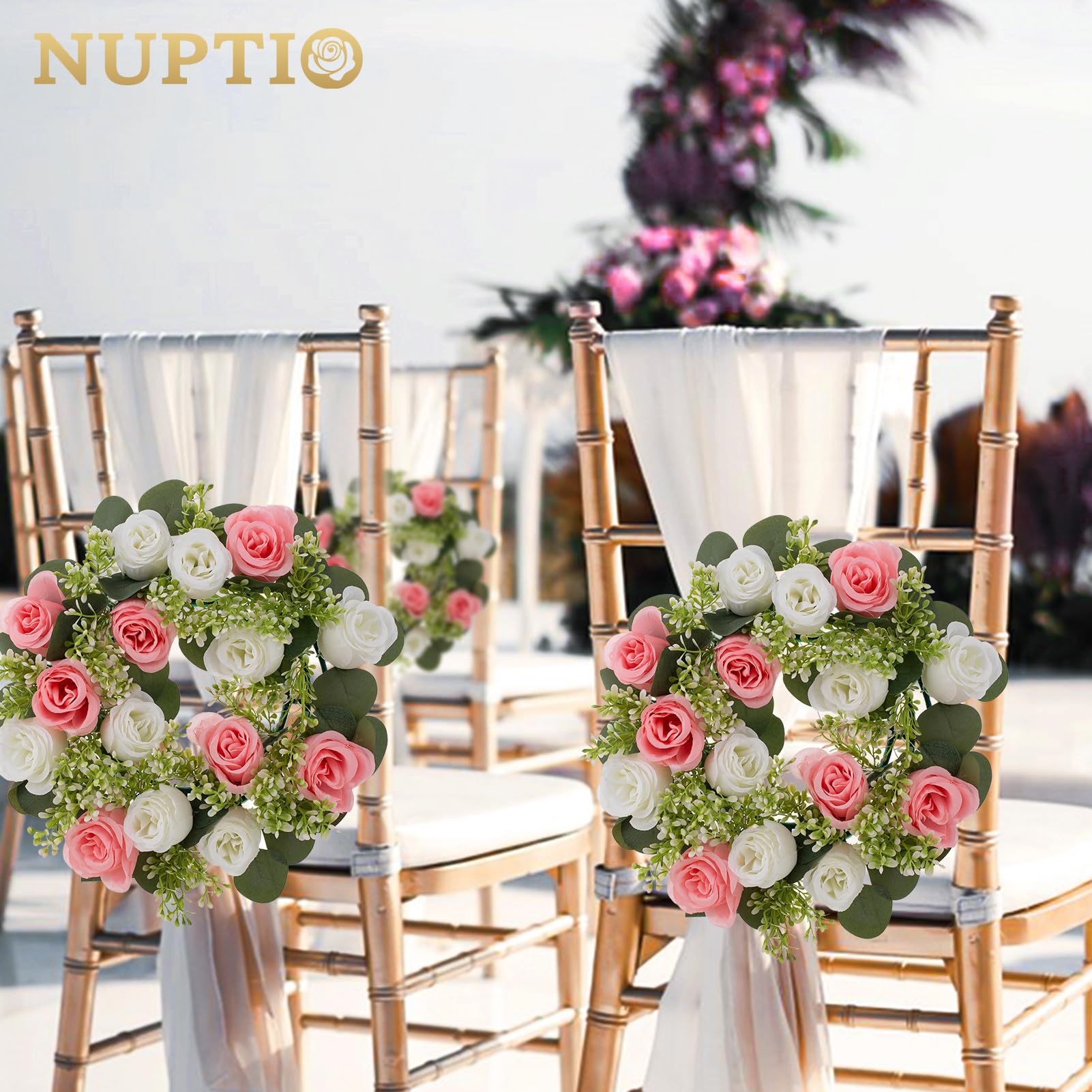 NUPTIO 6-Pack 14 Inch Artificial Flower Candle Rings - Pink & White Fake Roses Wreath for Wedding Centerpieces, Table Decor, Front Door Wreath, Spring Summer Party & Ceremony Decorations - Perfect for Weddings, Baby Showers, and Home Decor