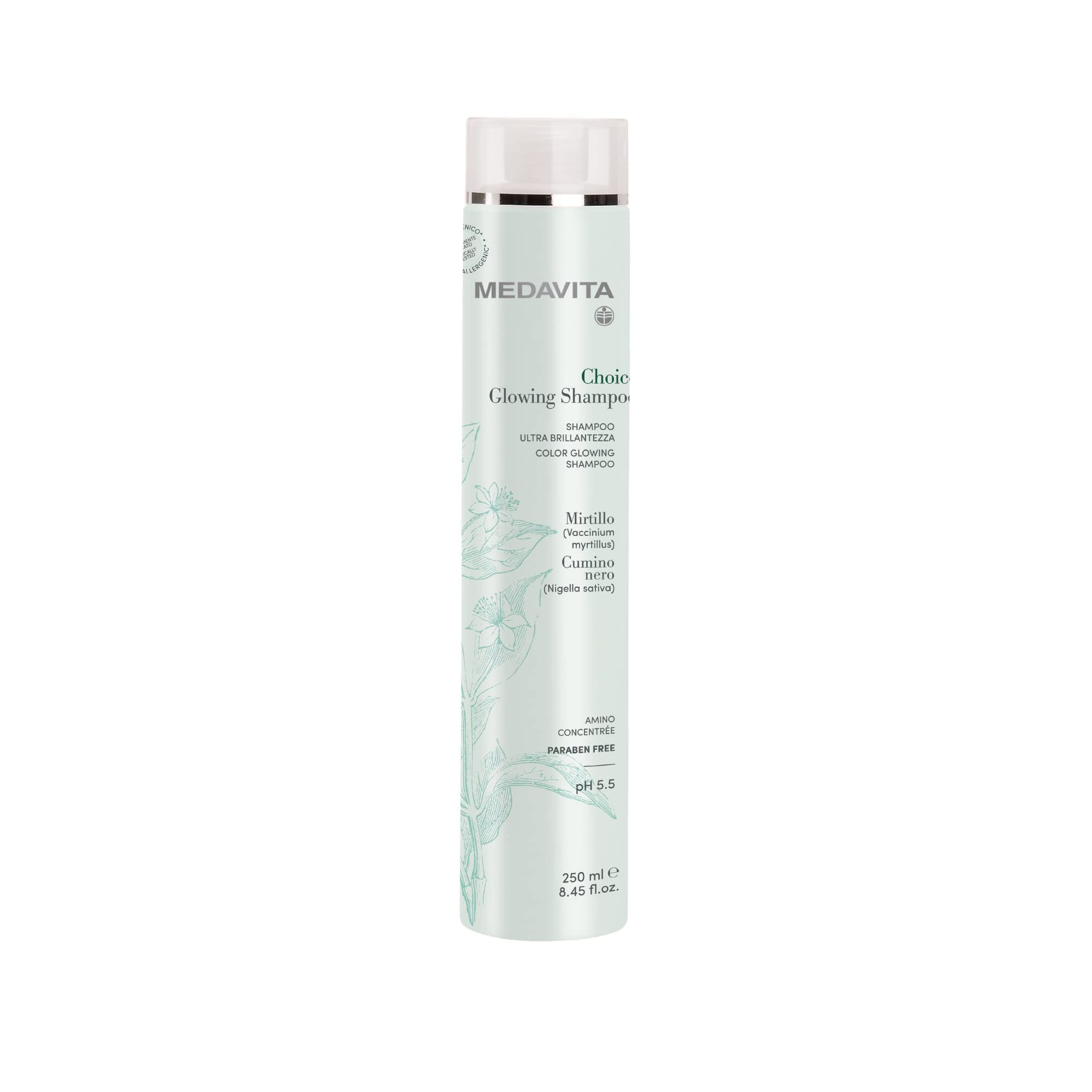 Medavita Choice Glowing Shampoo pH 5.5 for Dry & Damaged Hair - 250ml Sulfate-Free Hydrating Shampoo for Shiny & Healthy Hair - Perfect for Daily Use & Salon-Quality Results
