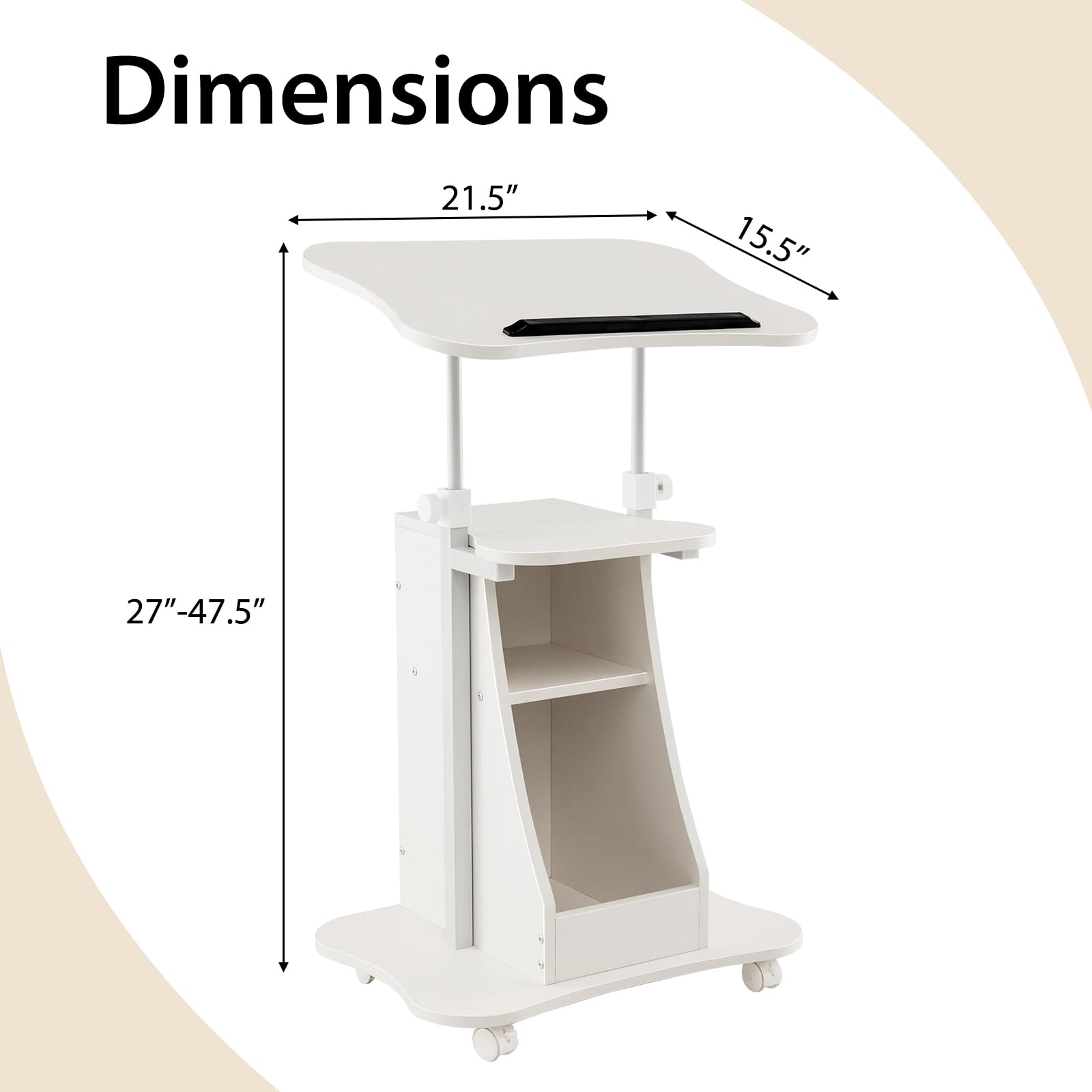 Giantex Adjustable Mobile Podium Stand - Rolling Laptop Cart with Tilting Tabletop & Storage | Lockable Wheels for Classroom, Church, Home Office (White) | Perfect for Presentations, Teaching & Remote Work