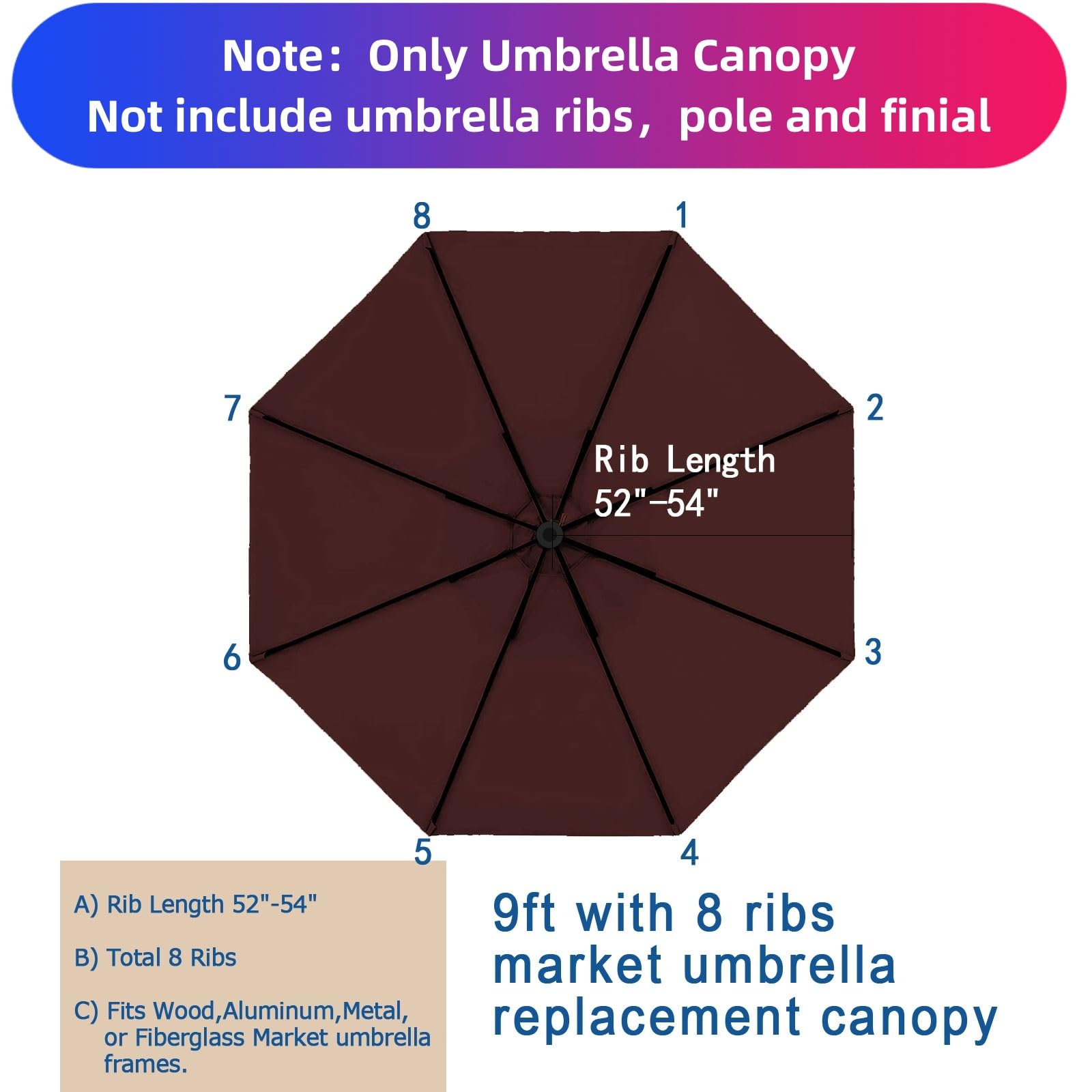 9ft Replacement Canopy for Patio Umbrella - Outdoor Table Market Yard Umbrella Top with 8 Ribs | Perfect for Backyard, Poolside, and Outdoor Dining Areas