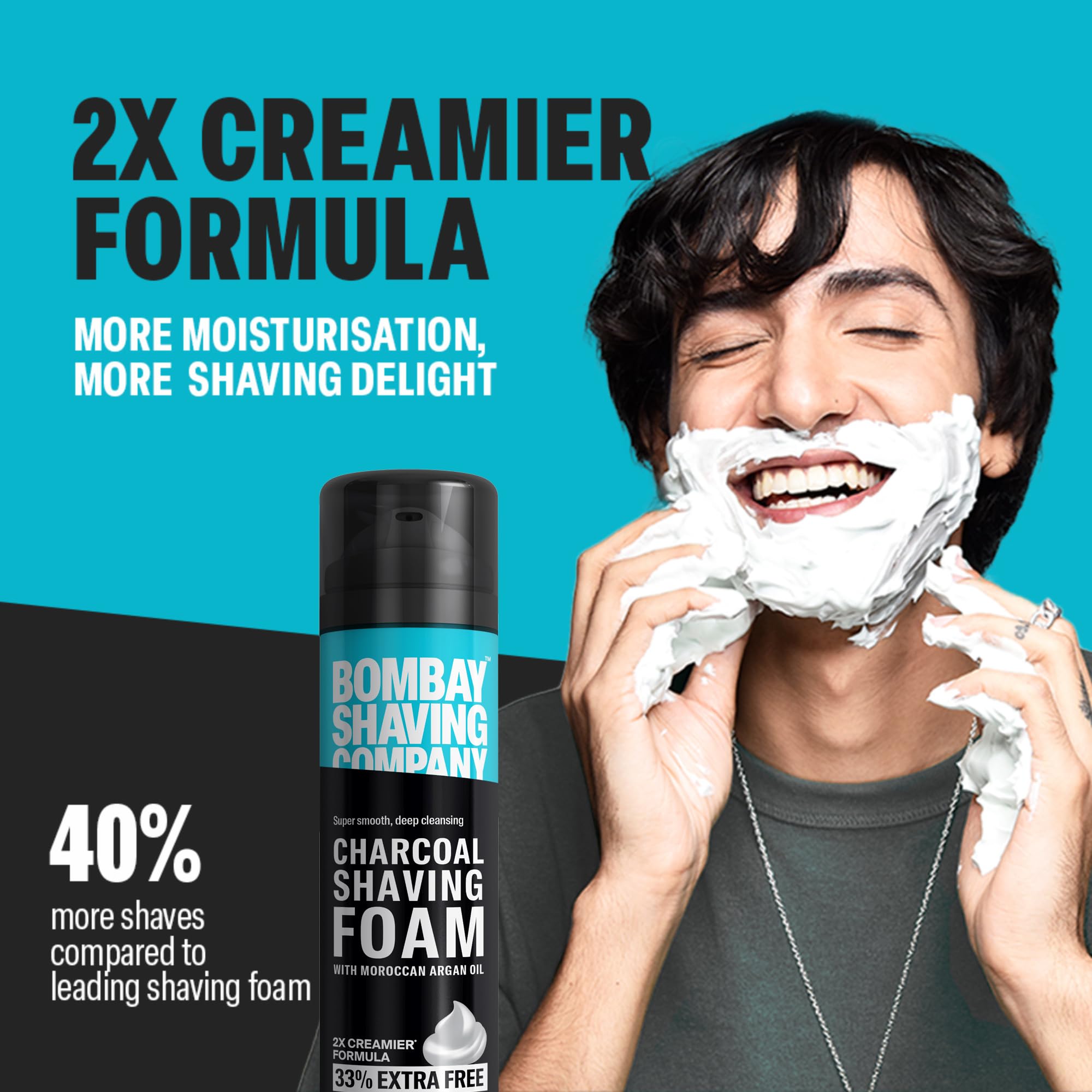 Bombay Shaving Company Charcoal Shaving Foam for Men - 266ml (33% Extra) with Activated Charcoal & Moroccan Argan Oil - Soothing & Hydrating Shave Cream for Sensitive Skin - Perfect for Daily Shaving & Travel