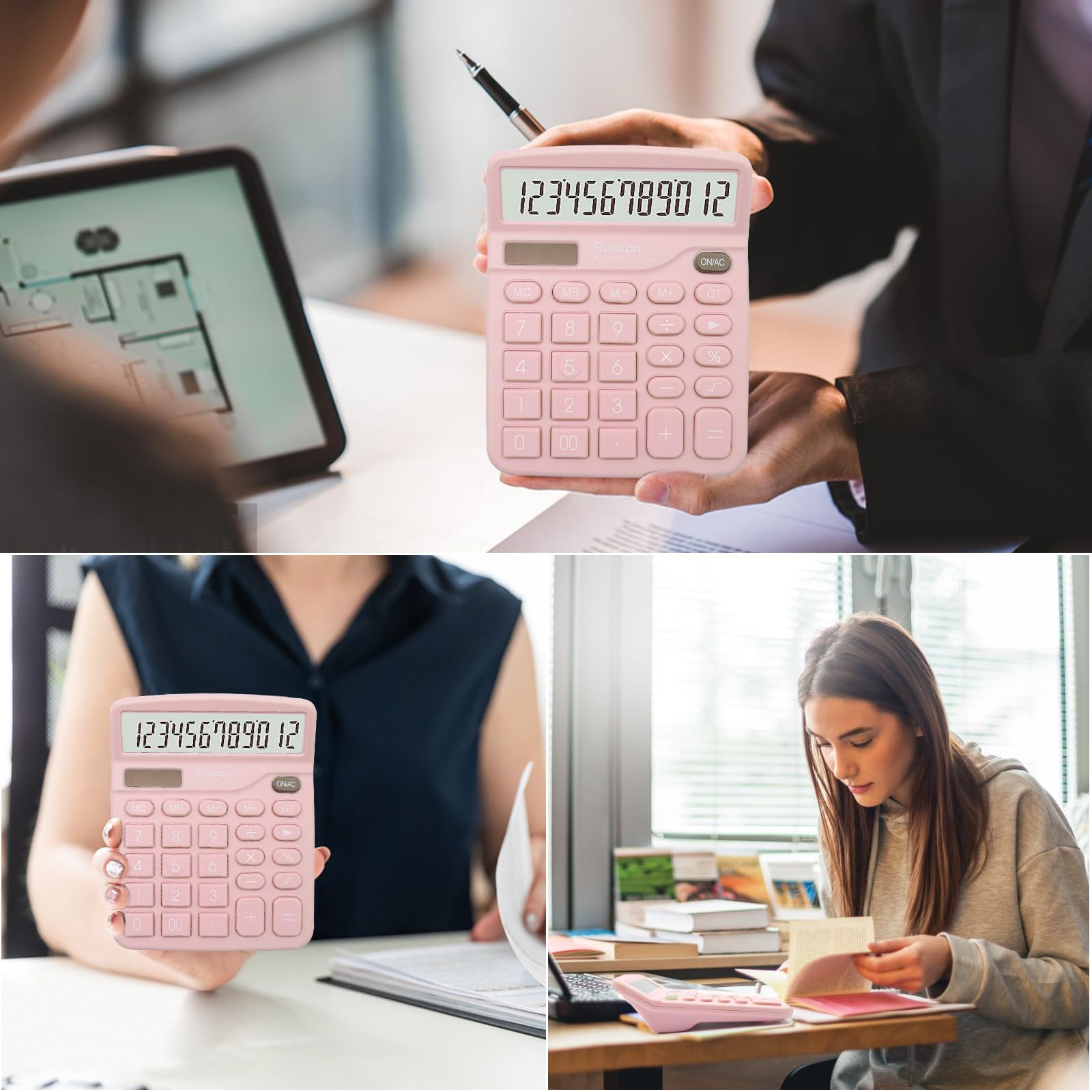 2-Pack Pink Solar & Battery Dual Power Desktop Calculator - 12-Digit Large LCD Display with Sensitive Buttons - Office & School Supplies for Desk, Home, Classroom & Business Use