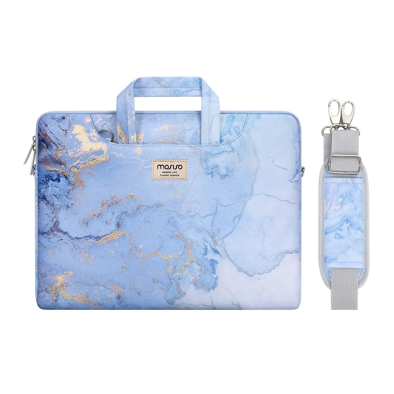 MOSISO Waterproof Laptop Shoulder Bag for MacBook Air 13-inch & MacBook Pro 13-14 inch (2021-2023 Models) - Stylish Blue Watercolor Marble Design with Trolley Belt - Perfect for Business Travel, Commuting & College Use