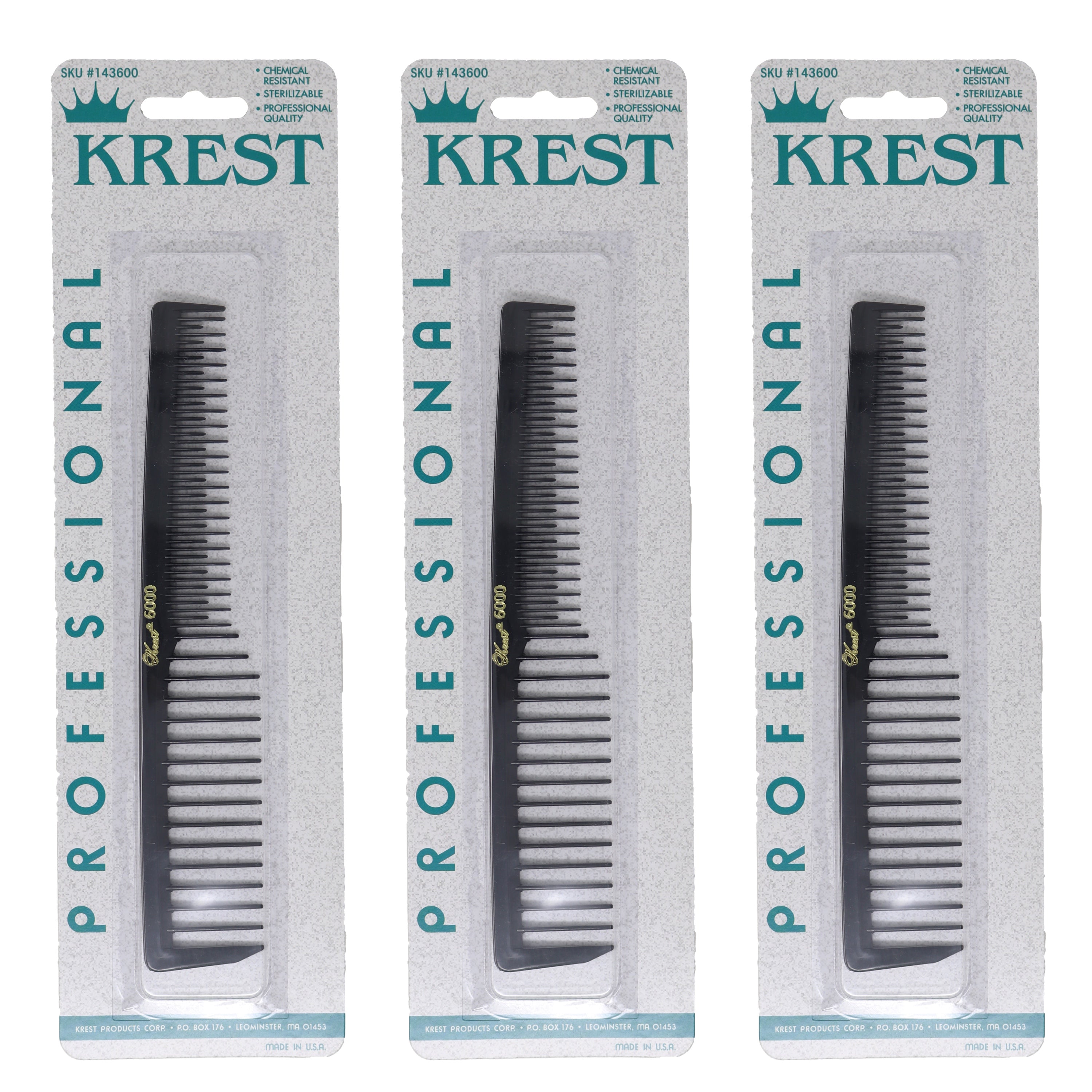 Krest #6000 Wide Tooth Teasing Comb Set - Black, 3 Pack | Perfect for Styling, Detangling & Volume Creation for All Hair Types