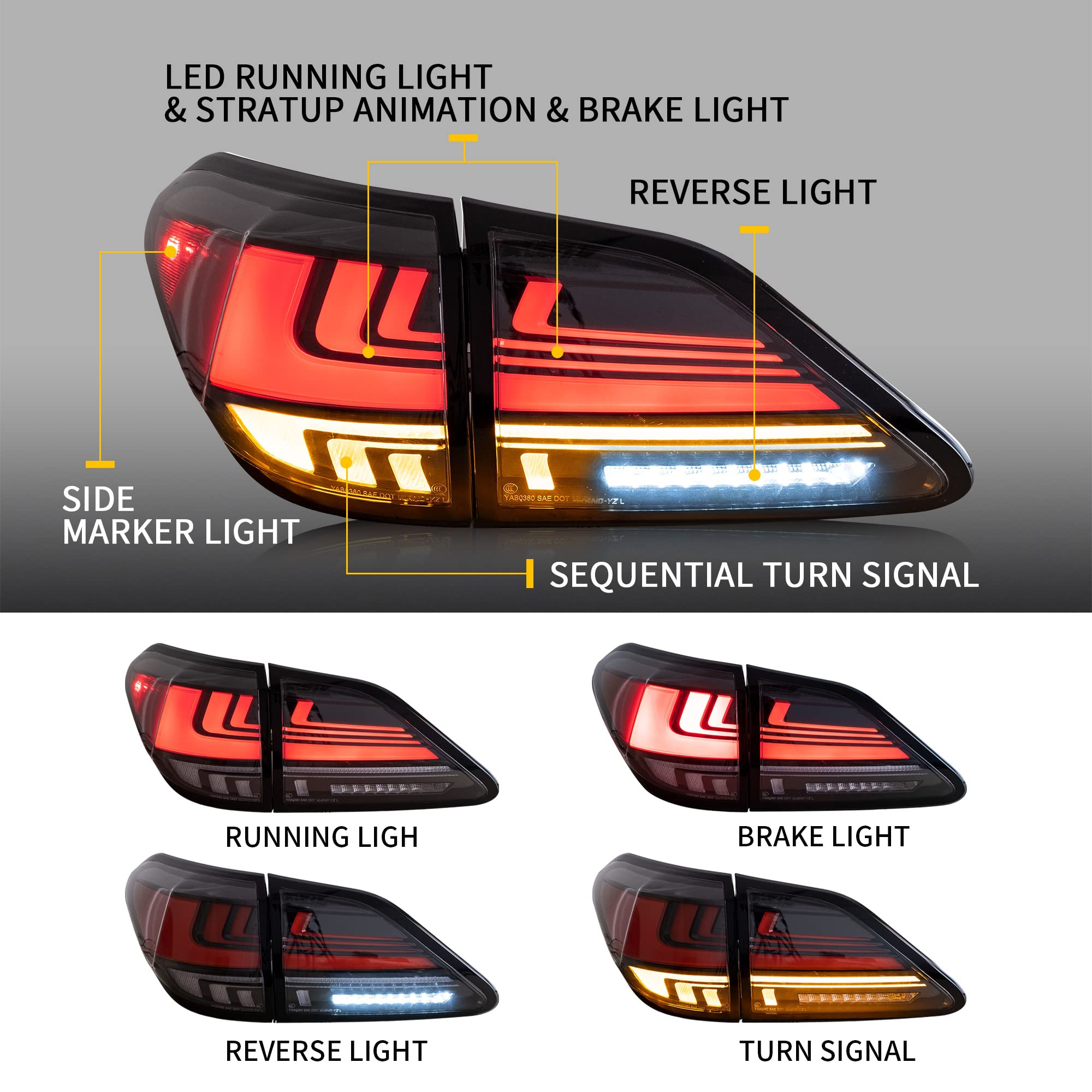 VLAND LED Tail Lights Assembly for 2009-2014 Lexus RX270 RX350 RX450 RX330 RX440H - Dynamic Animation LED Running Lights & Sequential Turn Signals - Red & Smoked (Driver & Passenger Side) - Perfect for Night Driving & Car Customization
