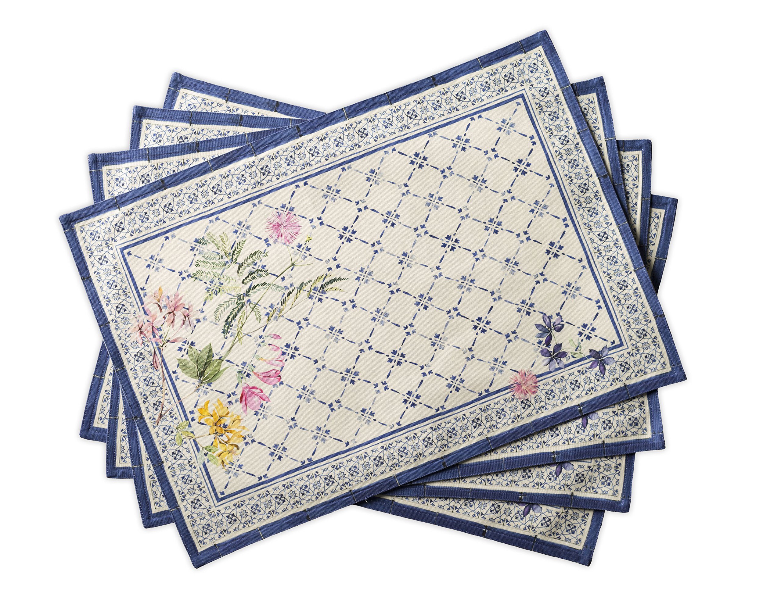 Hermine Cotton Placemats Set of 4 - 100% Washable Cloth Placemats for Dining Table, Kitchen, Wedding & Restaurant - Easter & Spring Decor (13x19 Inch, Faience Design) - Perfect for Buffet Parties, Holiday Gatherings & Everyday Meals