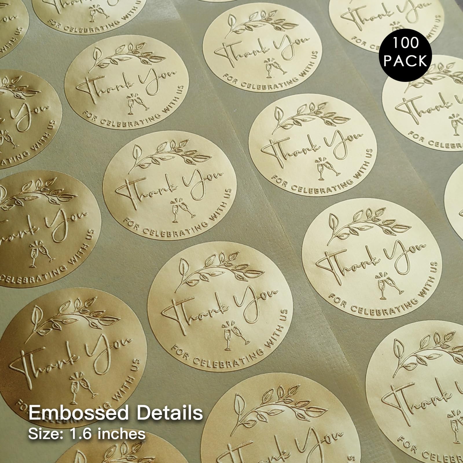 100 Pack Gold Foil Embossed Wedding Thank You Stickers - Round Metallic Party Favor Labels for Wedding Decorations, Bridal Shower, Anniversary & Special Events - 
