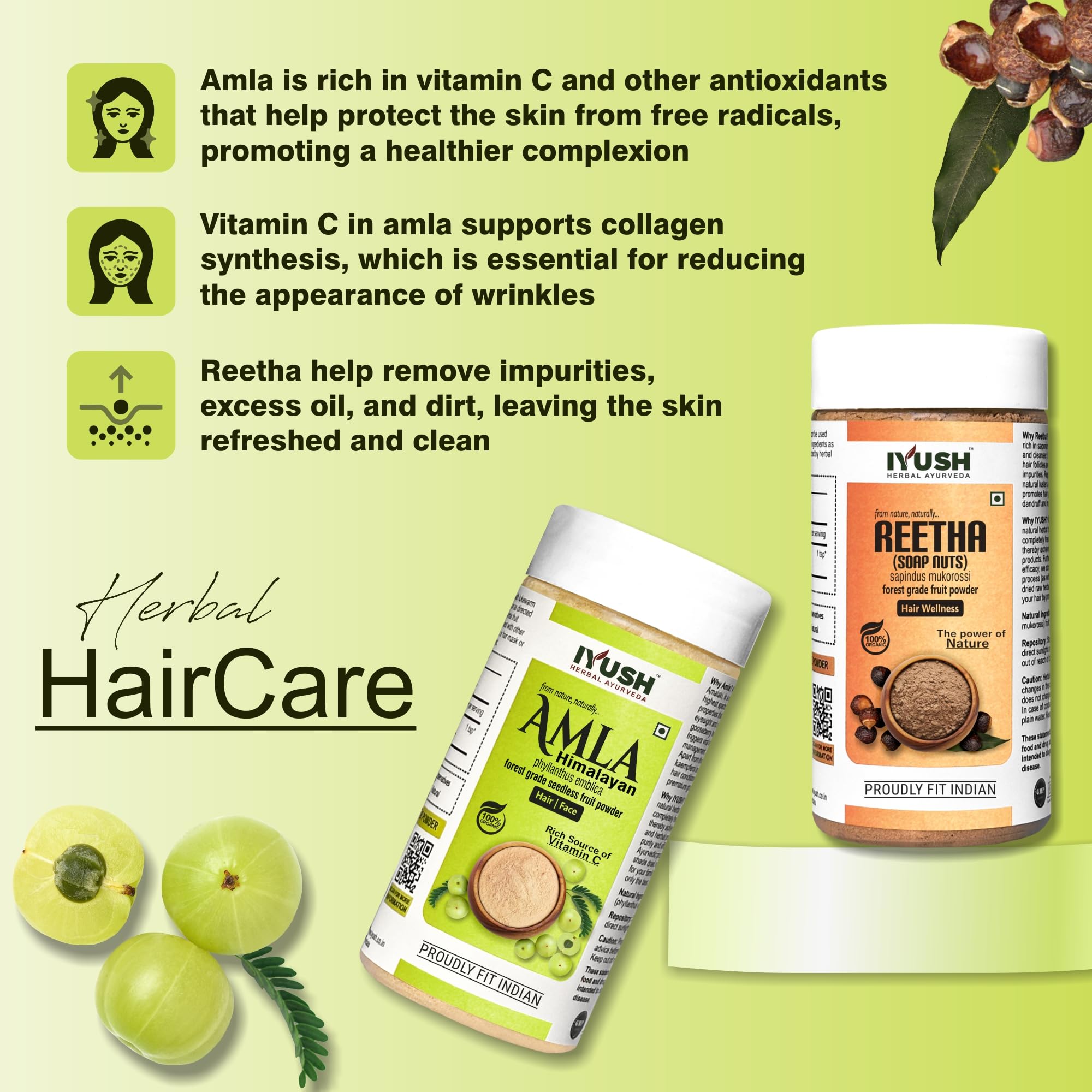 IYUSH Herbal Ayurveda Amla & Reetha Powder for Hair Growth & Scalp Care - 100% Natural Hair Treatment (Pack of 2 x 100g) - Promotes Stronger, Longer Hair & Reduces Hair Fall - Perfect for DIY Hair Masks & Ayurvedic Hair Care Routines