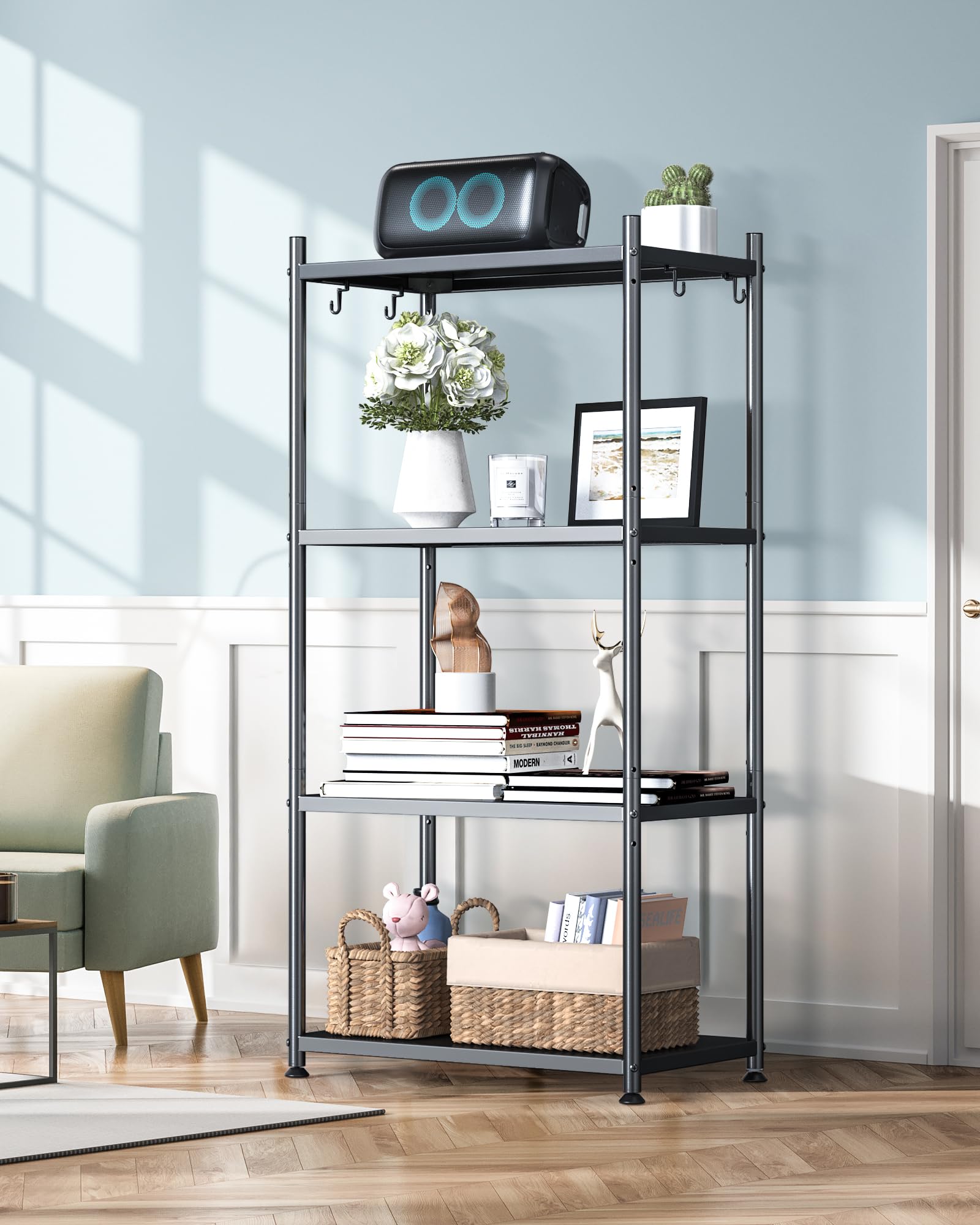 4-Tier Adjustable Height Microwave Stand with Storage - Industrial Kitchen Bakers Rack on Lockable Wheels (47.2