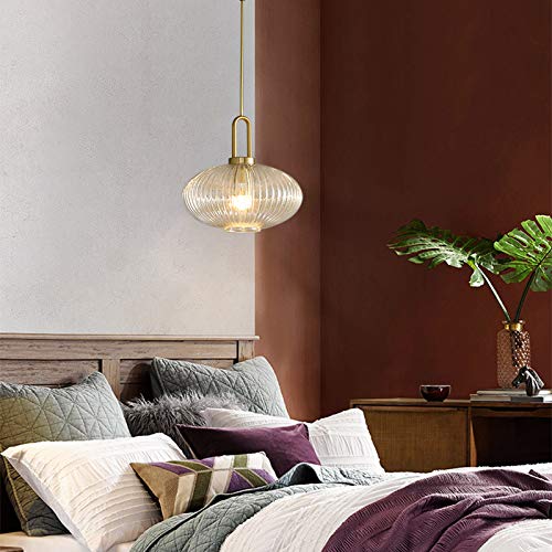 12 Inch Gold Ribbed Glass Lantern Pendant Light with Handle - Modern Single Bulb Ceiling Fixture for Dining Room, Kitchen Island & Bedroom Lighting