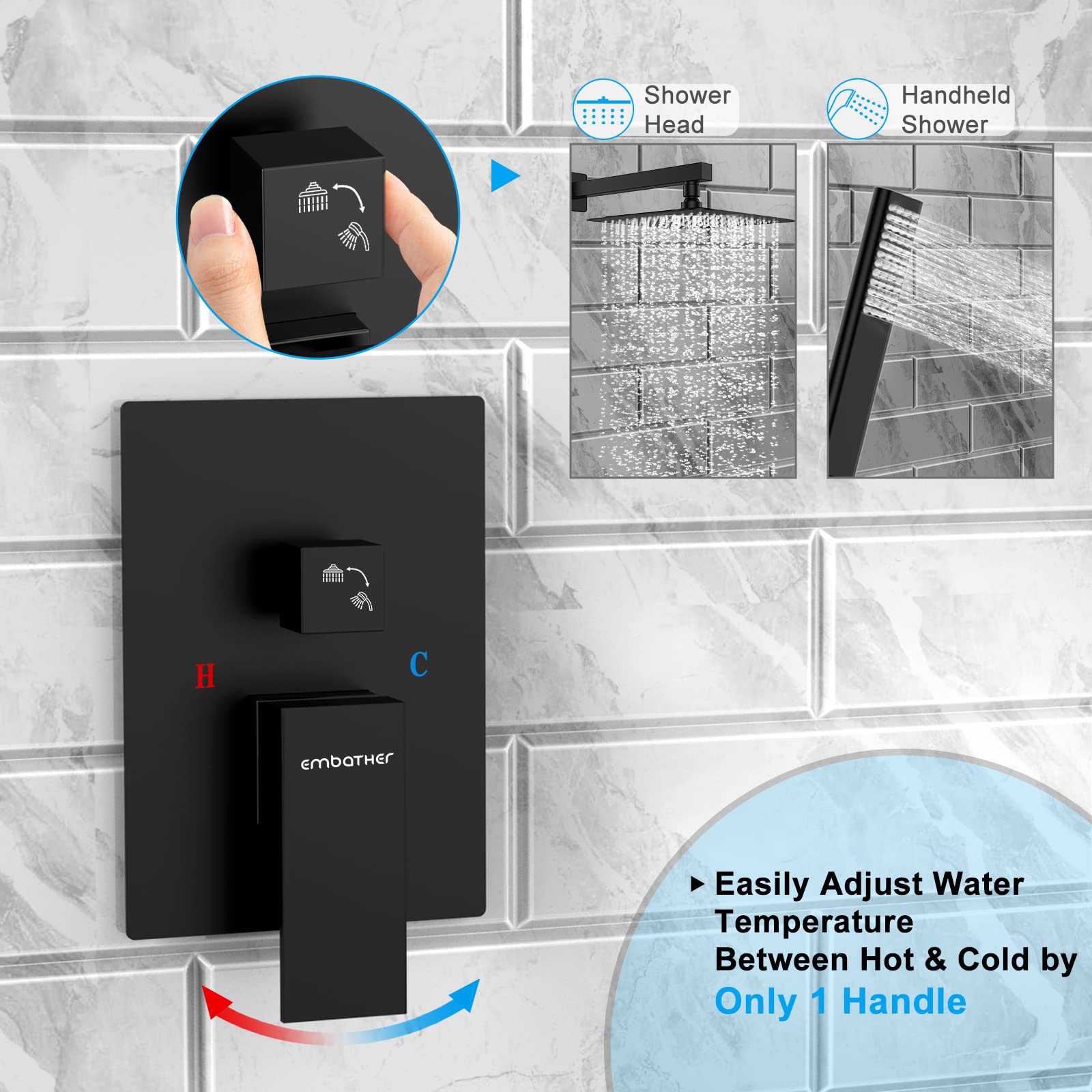EMBATHER 10 Inch Black Rain Shower System Set - Overhead Rainfall Shower Head with Handheld Sprayer and Mixer Valve - Luxury Matte Black Bathroom Faucet for Modern Home Spa Experience