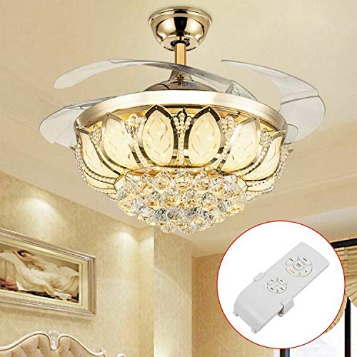 42 Inch TFCFL Ceiling Fan with LED Lights - Remote Control Crystal Chandelier Fan with Retractable Blades, 3-Color Dimmable 42W Light (Chrome Gold) - Perfect for Living Room, Bedroom & Dining Room