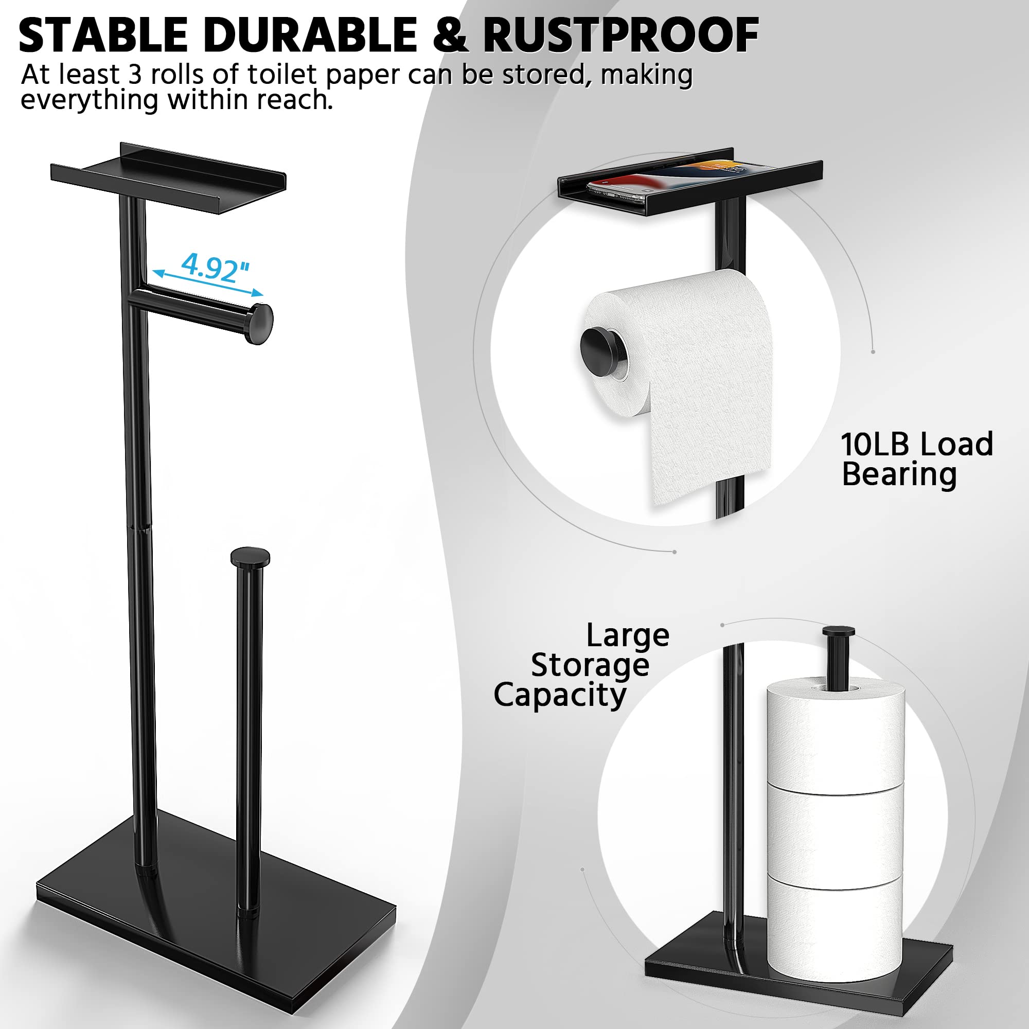 CISILY Black Free Standing Toilet Paper Holder with Phone Shelf - Bathroom Tissue Roll Storage Stand for RV, Apartment, Restroom - Modern Home Decor & Essential Accessories - Perfect for Small Spaces, Guest Bathrooms, and Mobile Living