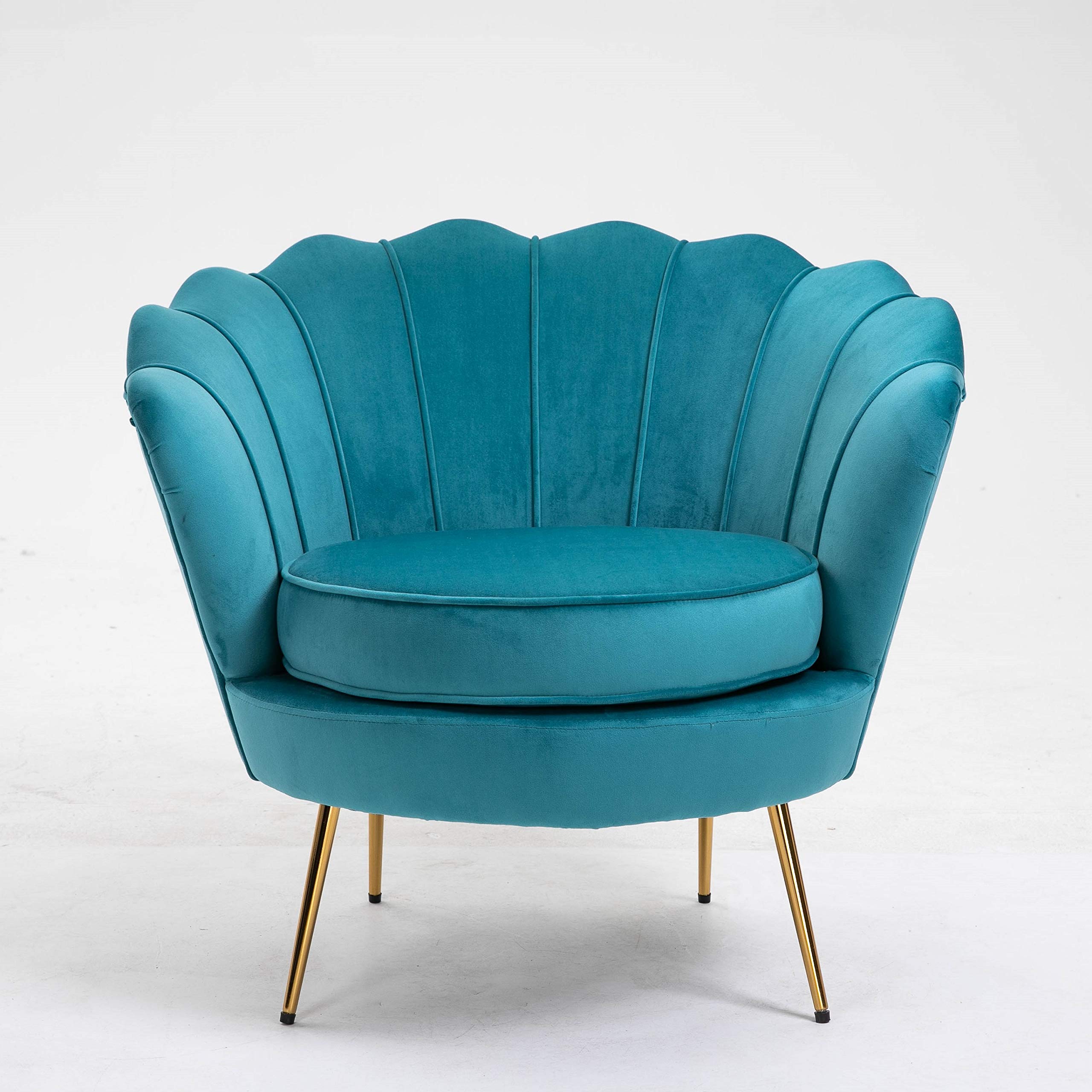 Modern Velvet Accent Chair with Petal Design - Mid Century Retro Upholstered Armchair with Golden Metal Legs for Living Room, Bedroom, Guest Room - Sky Blue Sofa Seat for Home Decor & Vanity Makeup Area