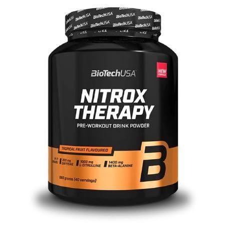 BioTechUSA Nitrox Therapy Pre-Workout Powder - Tropical Fruit Flavor 680g for Energy & Muscle Performance | Gym, Bodybuilding & Fitness Supplements