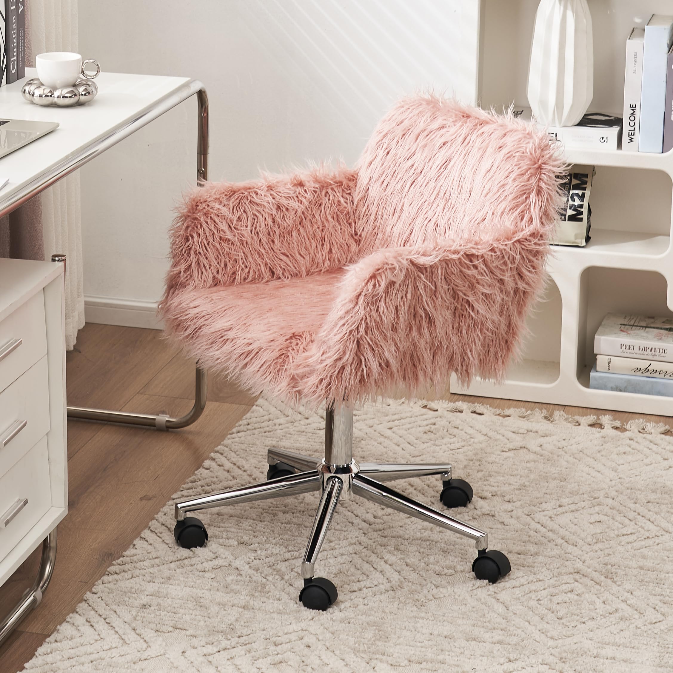 Fluffy Faux Fur Swivel Desk Chair - Adjustable Height Modern Home Office Chair for Women & Girls, Pink Vanity Accent Chair for Bedroom, Living Room & Makeup Room - Perfect for Work, Study and Relaxation
