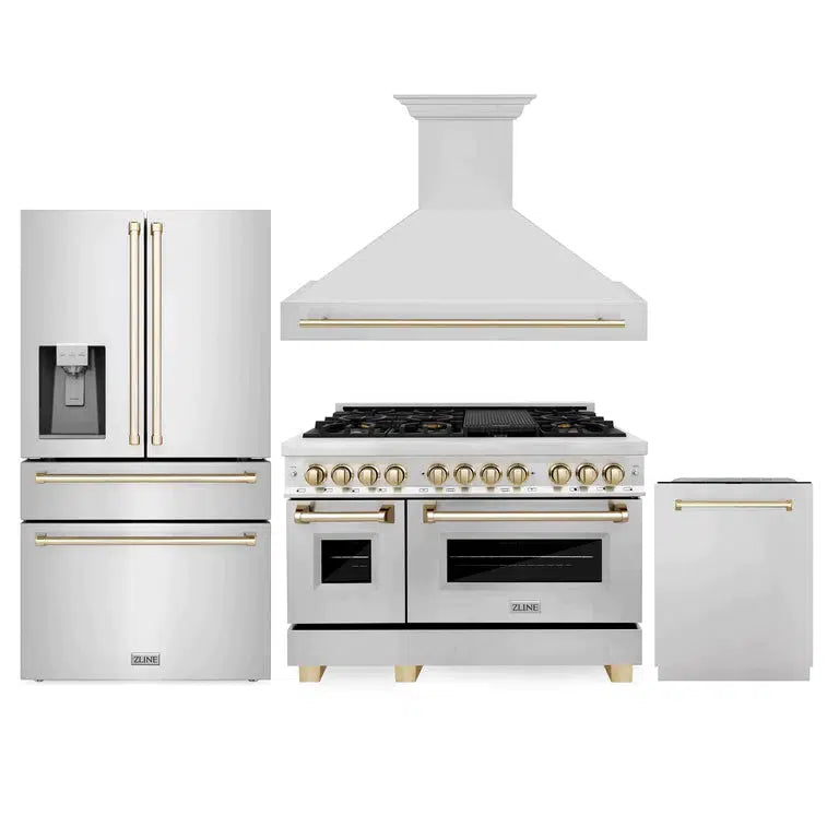 ZLINE Autograph Edition 48-inch Stainless Steel Kitchen Package - Dual Fuel Range, Range Hood, Dishwasher & Refrigerator with External Water Dispenser & Polished Gold Accents | Luxury Kitchen Appliances for Modern Homes & Professional Chefs