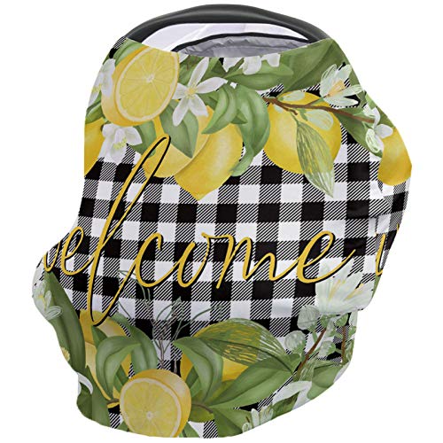 Baby Nursing Cover & Nursing Poncho - Multi-Use Breastfeeding Cover for Car Seat, Stroller, and Privacy - Summer Lemons, Fruits, Flowers, Leaves, Black & White Buffalo Check Plaid - Perfect for Nursing, Pumping, and On-the-Go Moms