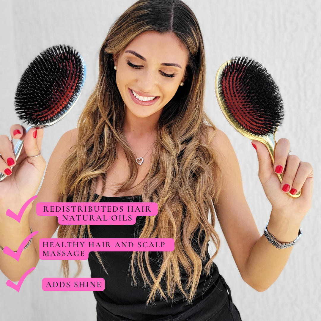 Janeke Large Metallic Paddle Hair Brush with Natural Bristles - 9.25 Inch Professional Styling Brush for Smooth & Shiny Hair - Perfect for Salons, Home Use & Travel