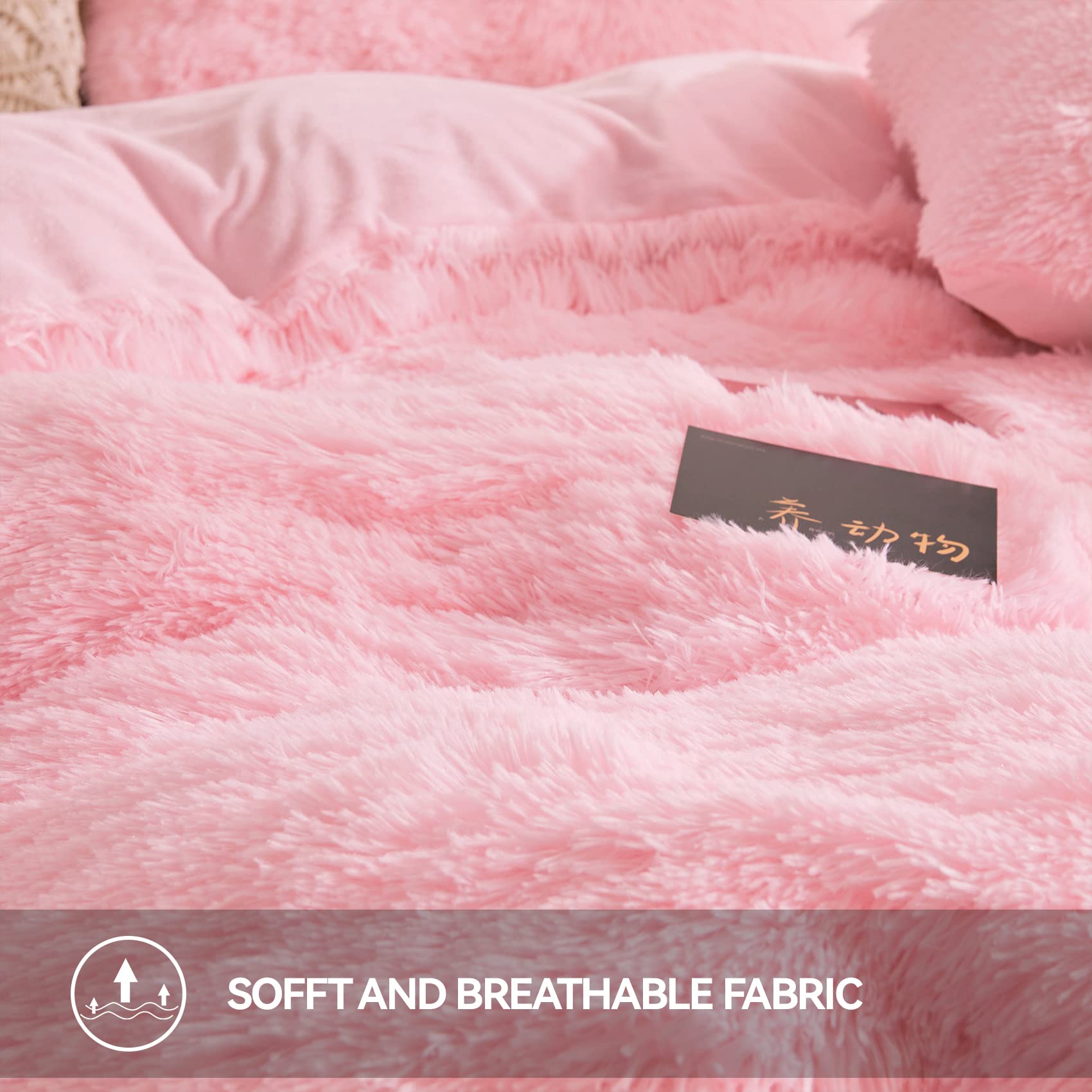 Befunny Fluffy Queen Comforter Set - 3pc Faux Fur Bedding with Plush Comforter & 2 Fuzzy Pillowcases, Shaggy Pink Luxury Bedding for Cozy Winter Nights & Stylish Bedroom Decor