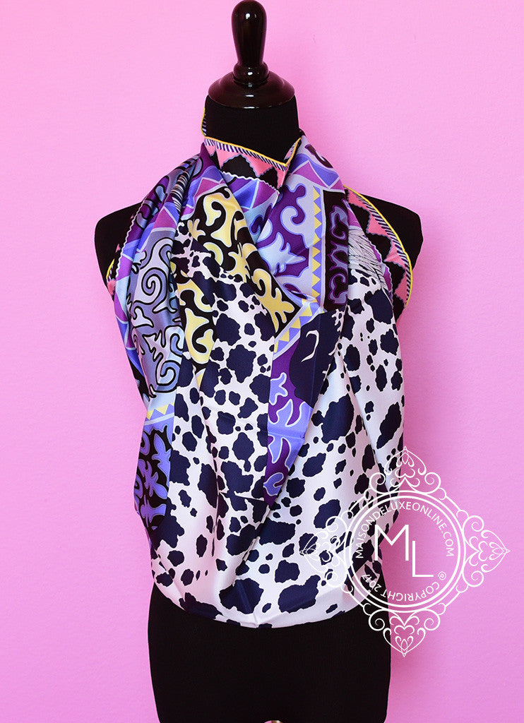 Hermes Purple Twill Silk Scarf 90cm - Appaloosa des Steppes Design - Luxury Fashion Accessory for Women - Perfect for Gifts, Parties and Elegant Occasions