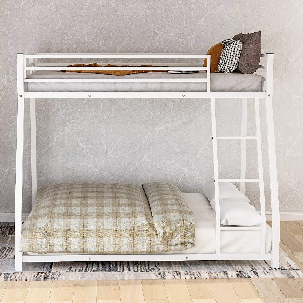 Rhomtree Metal Bunk Bed Frame - Twin Over Full Size with Safety Ladder & Guard Rail - Space Saving Design for Kids, Teens & Adults - Perfect for Bedrooms, Dorm Rooms & Small Spaces (White Finish)