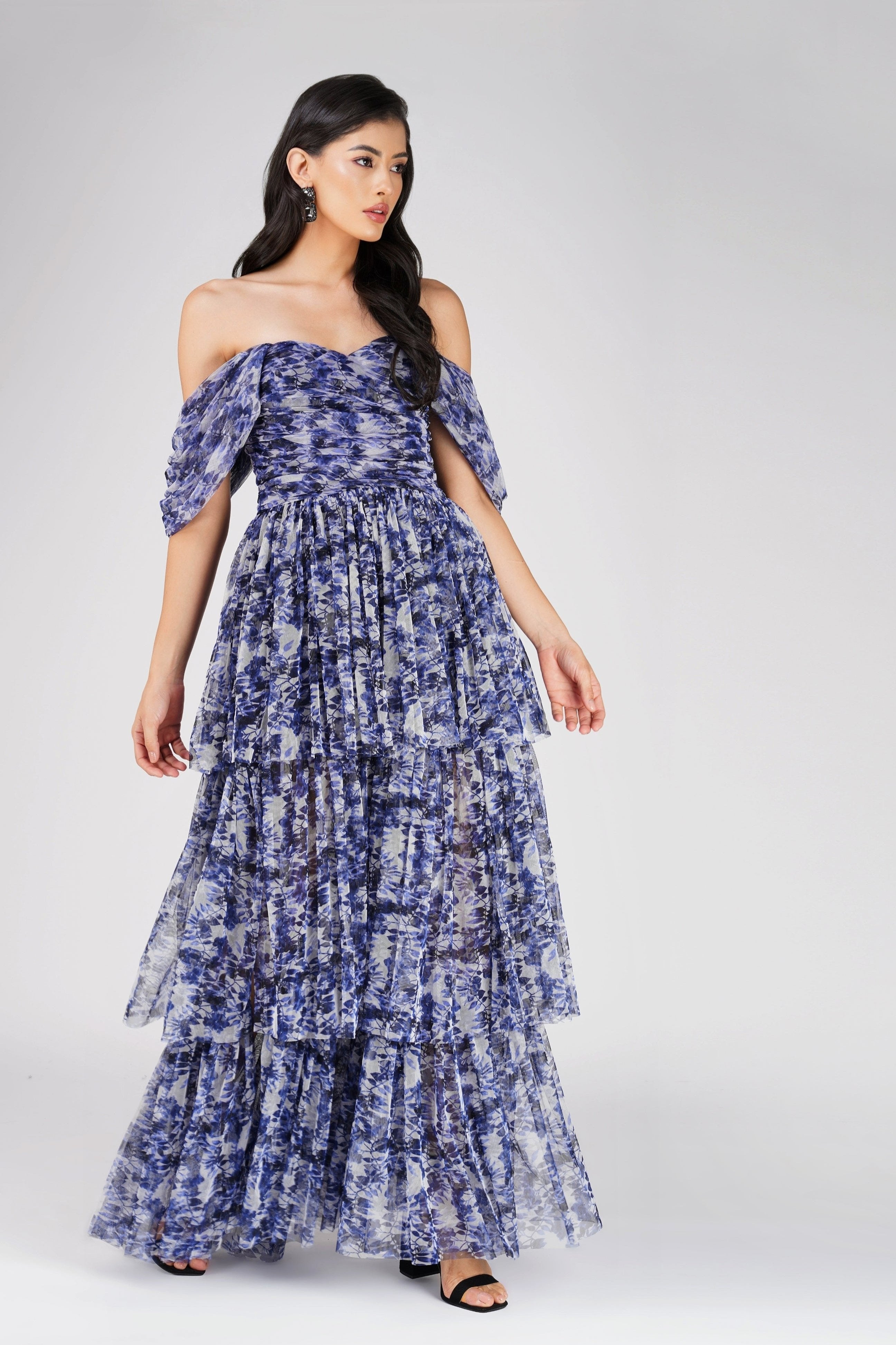 Blue Leaf Print Sydney Tulle Maxi Dress - Elegant Flowy Beach Wedding Party Gown for Women
