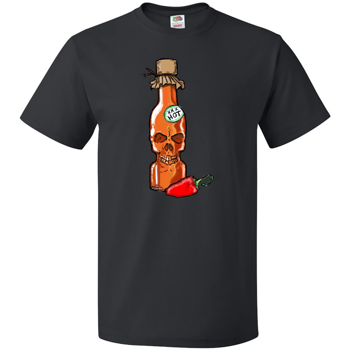 Inktastic Hot Sauce Skull Bottle with Pepper Graphic T-Shirt - Spicy Food Lover Tee for Men & Women - Perfect for Halloween, Concerts, and Casual Wear