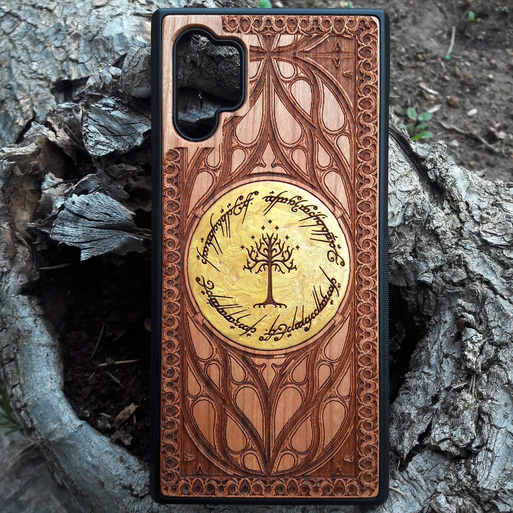 Hand-Painted Elvish Symbol Laser Engraved Wooden Phone Case for iPhone 16/15/14/13/12/11 Pro Max/Mini & Galaxy S25/S24/S23/S22/S21/S20 Ultra Plus - Eco-Friendly Slim Durable Wood Cover - Perfect for Fantasy Lovers & Nature Enthusiasts