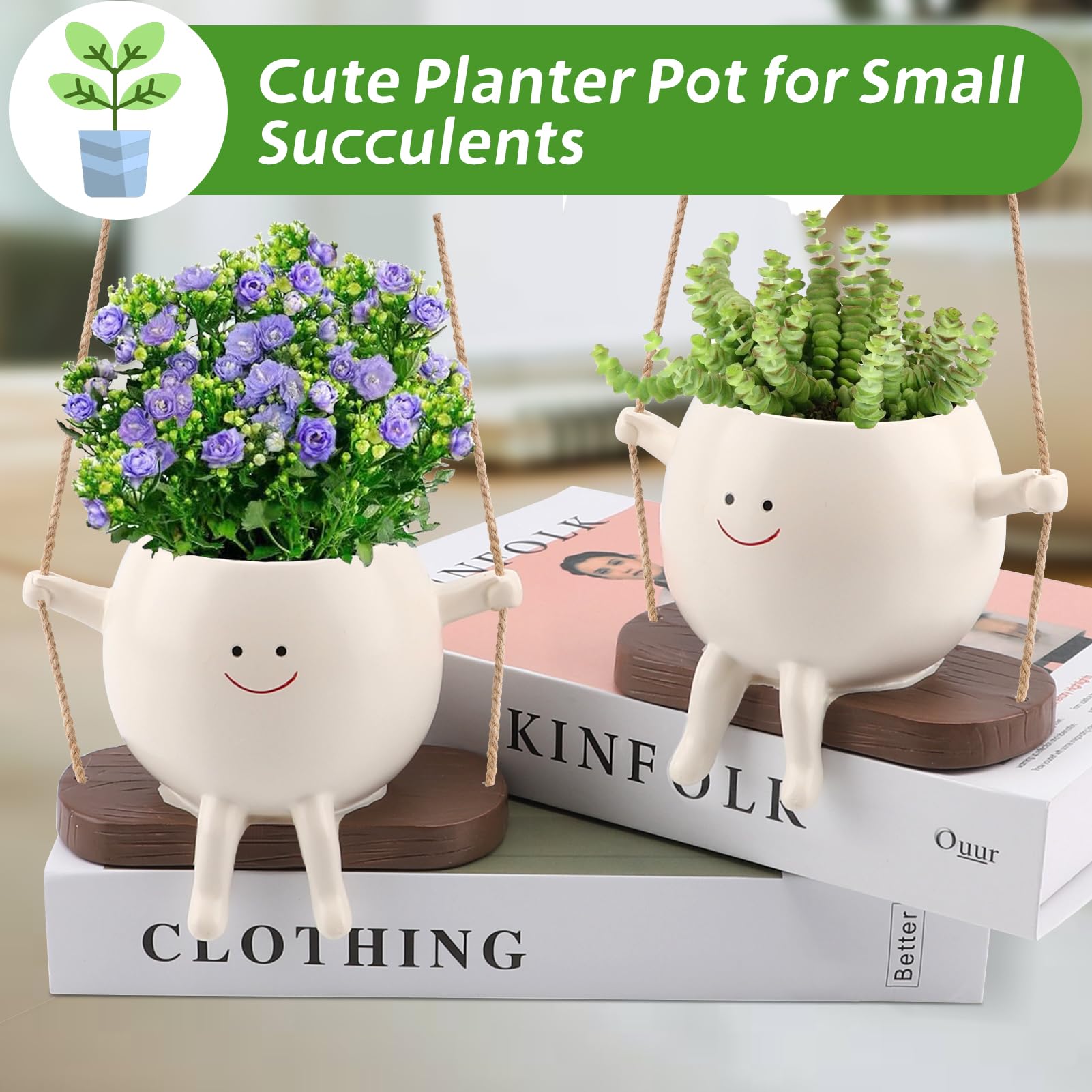Smiley Face Hanging Planter Pot - Glossy Indoor/Outdoor Flower Pot for Succulents, String of Pearls & Plants | Cute Swing Planter for Home Decor, Garden, Balcony & Patio