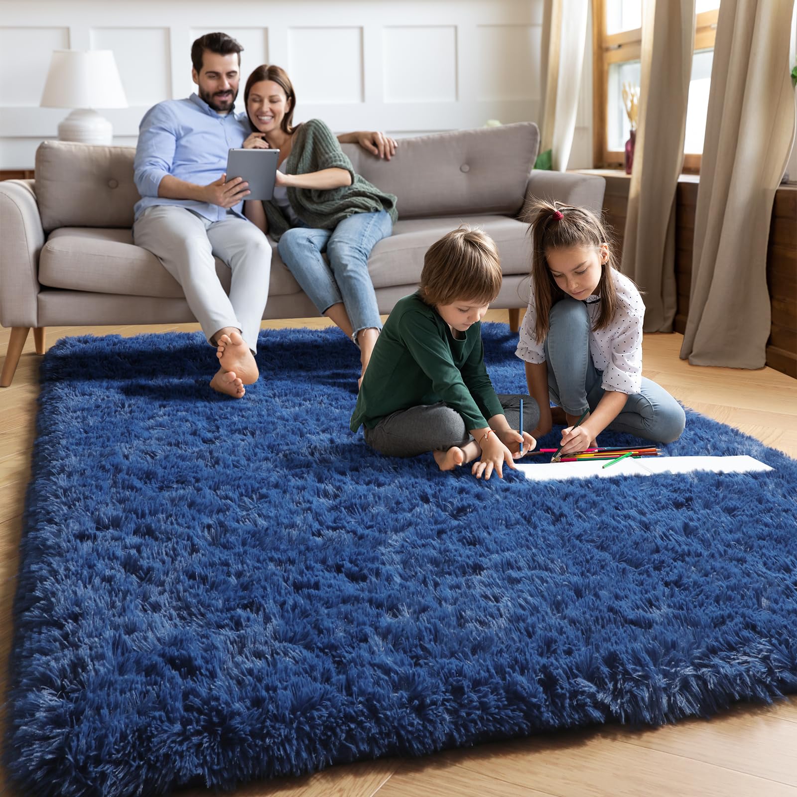PAGISOFE Blue Shag Rug 4x6 Ft - Ultra Soft Fluffy Fuzzy Carpet for Bedroom, Living Room, Nursery, Kids Playroom & Dorm Decor - Navy Blue Area Rug for Boys Room & Teen Home - Perfect for Cozy Flooring & Play Areas
