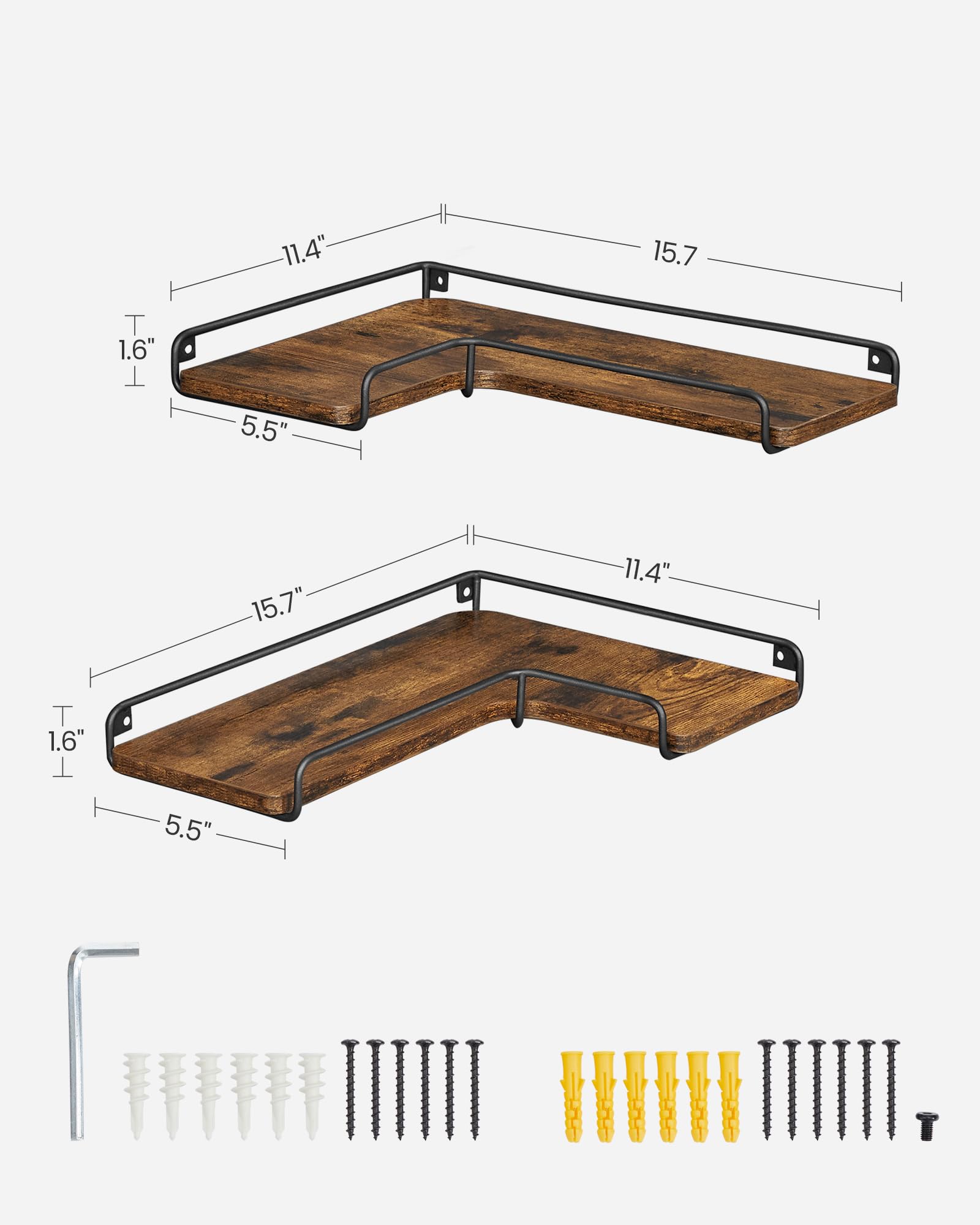 VASAGLE Set of 2 Corner Floating Shelves Wall Mounted - Rustic Brown & Black Wooden Storage Shelves for Living Room, Bedroom, Kitchen, Bathroom Decor | Perfect for Small Spaces, Displaying Photos, Plants & Home Organization ULLS831B01