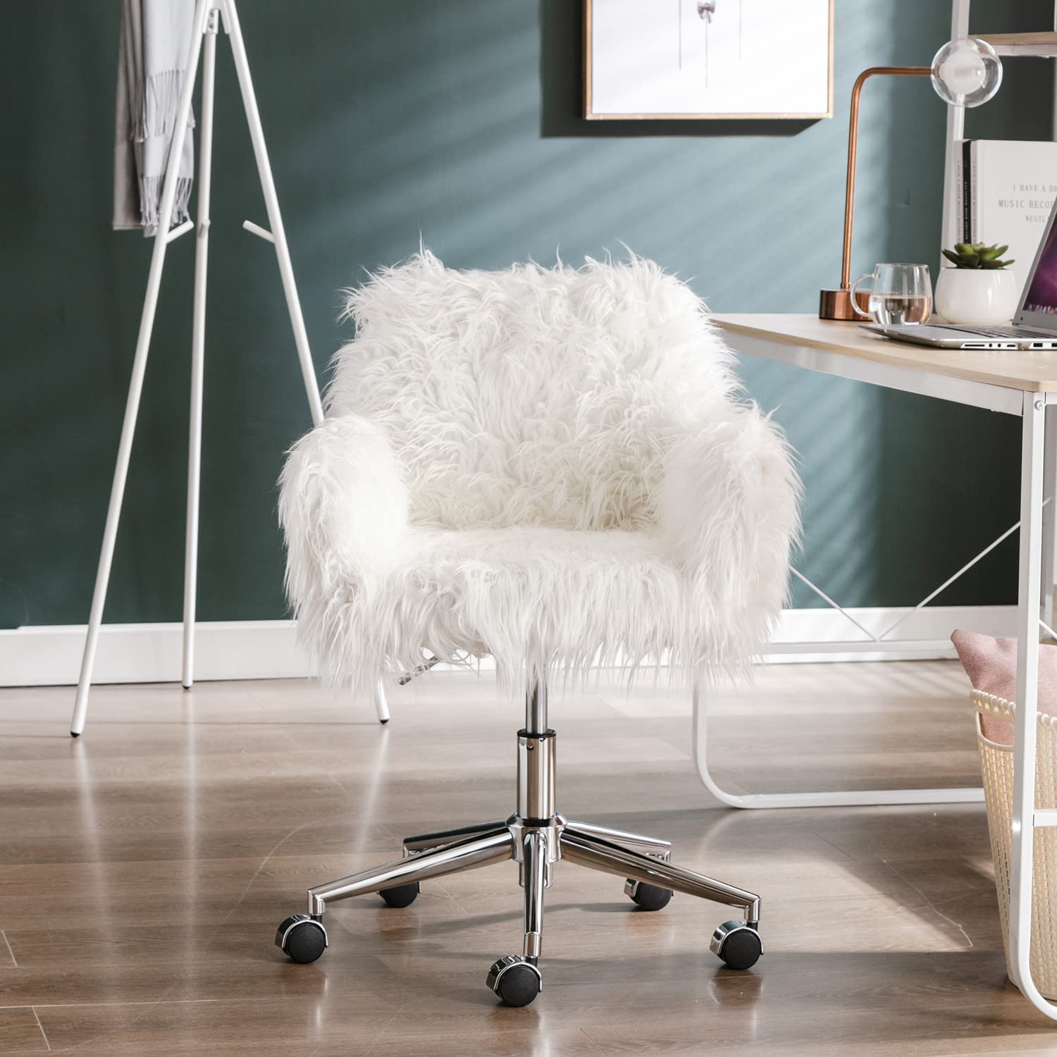 White Faux Fur Swivel Desk Chair with Wheels & Adjustable Height - Cute Vanity Chair for Home Office, Gaming, Study & Makeup Station - Chrome Base Accent Chair