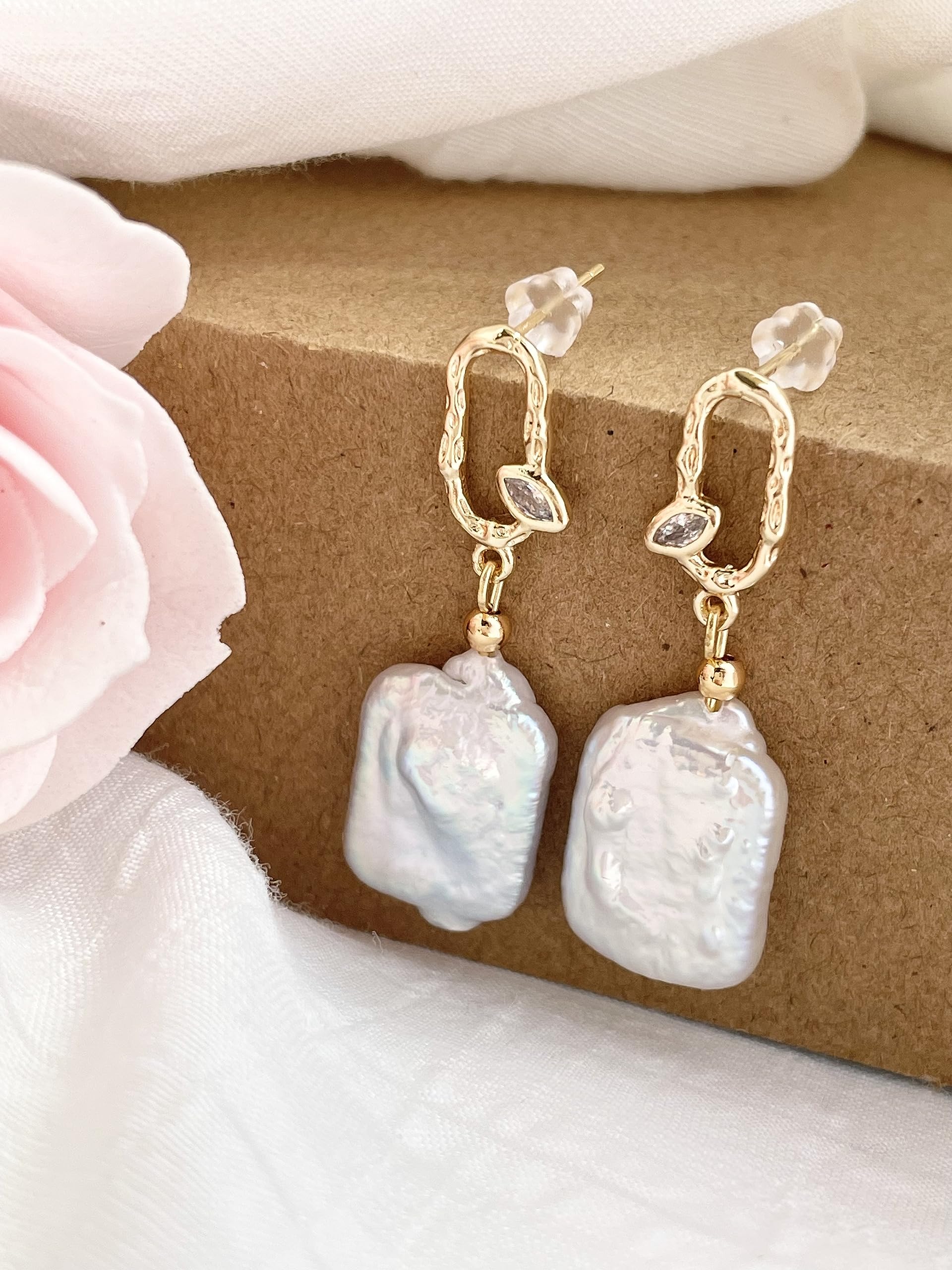Elegant Baroque Pearl Earrings for Women - Cultured Freshwater Pearl Stud Hoop Square Statement Earrings - 14K Gold Plated Drop Dangle Jewelry - Perfect for Bridal Wedding, Birthday Gifts & Special Occasions