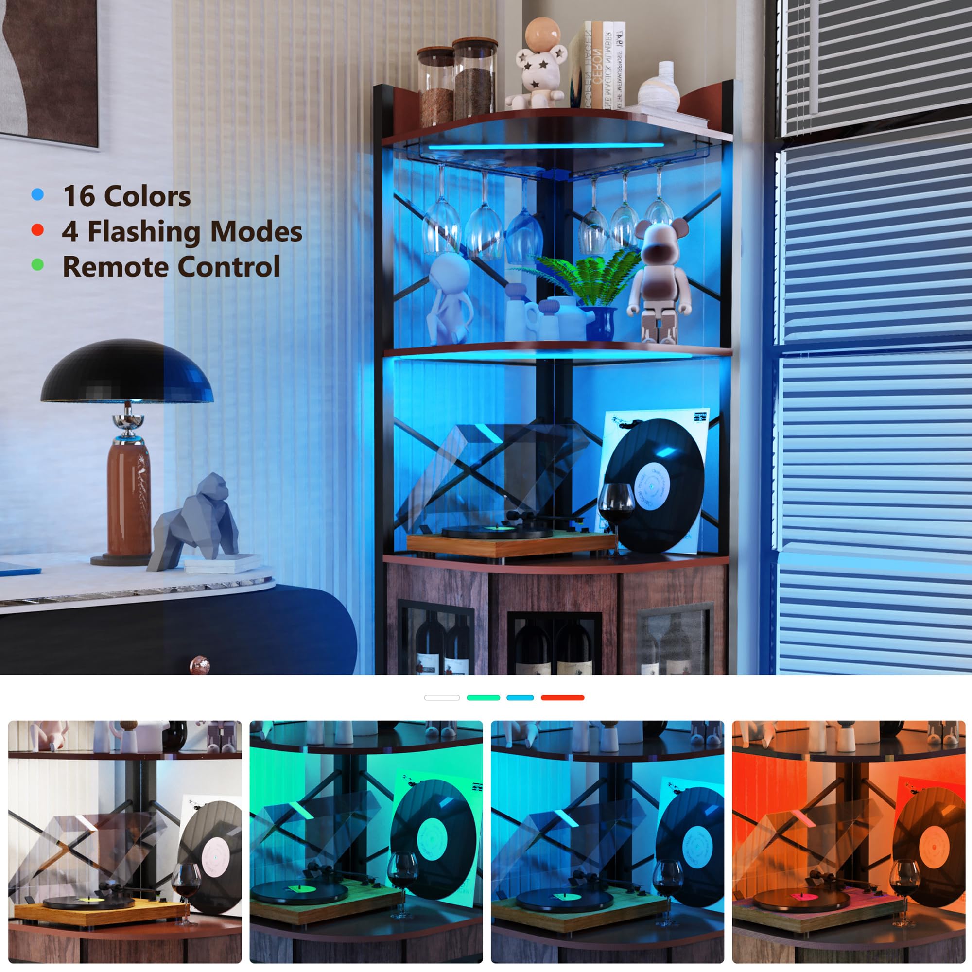 Industrial 5-Tier Corner Bar Cabinet with LED Lights & Power Outlet - Adjustable Shelves, Glass Holder & Mesh Door - Space-Saving Liquor Storage for Home, Office or Restaurant Use